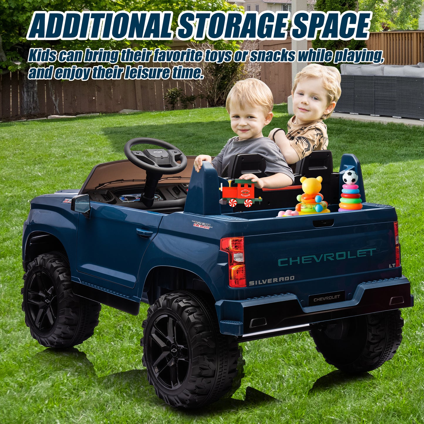 Chevrolet Silverado 24V Ride on Cars with Remote Control, 2 Seater 4 Wheels Kids Electric Cars with Bluetooth, LED Lights, Battery Powered Ride on Truck Toys for Boys Girls Christmas Gifts, Blue
