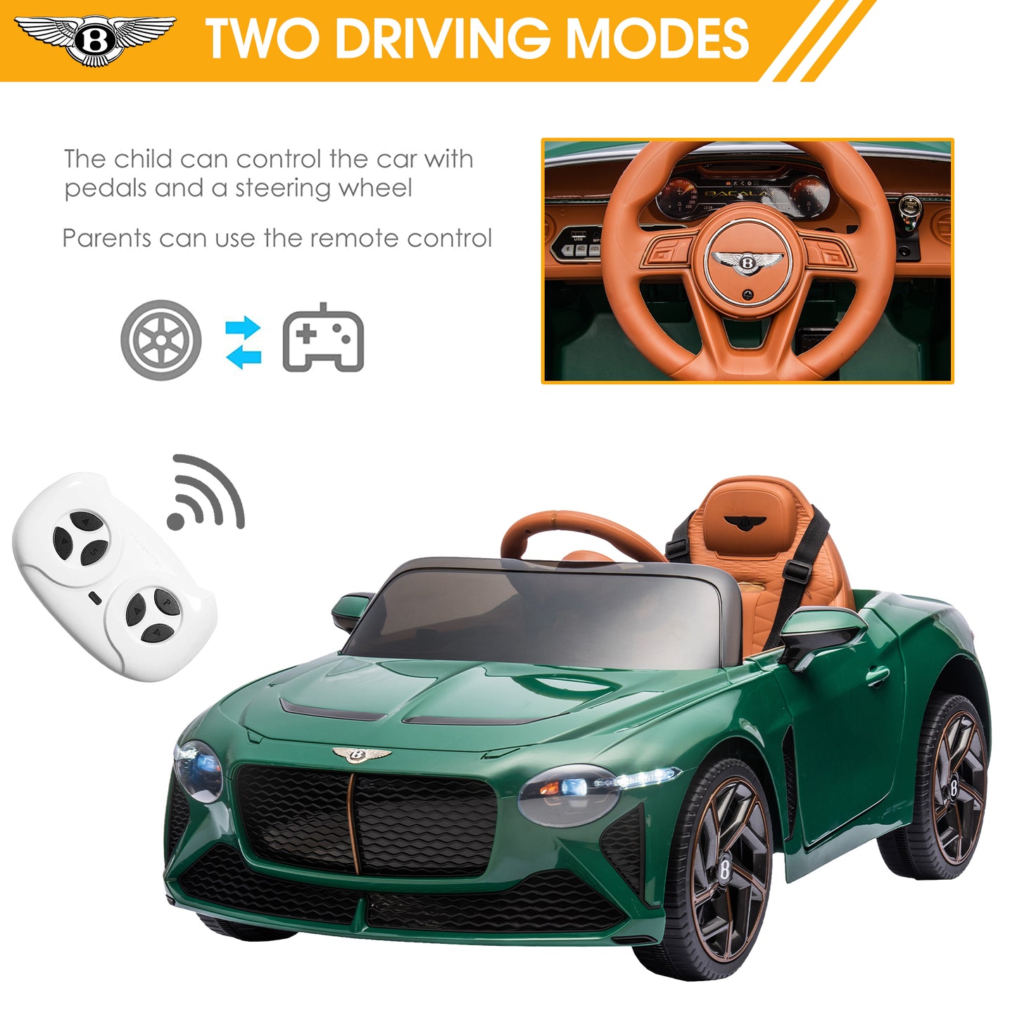 12V Ride On Car with Remote Control, Licensed Bentley Mulsanne Kids Electric Car with Bluetooth, Music, USB, MP3, LED Light, Battery Powered Electric Ride On Vehicle for Boy Girl Birthday Gift, Green