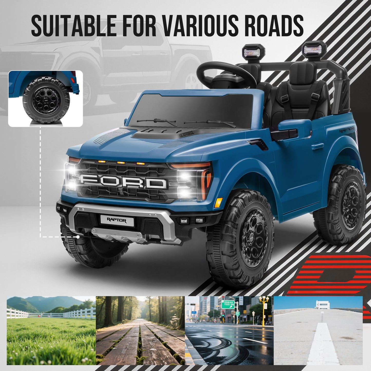 iRerts 24V Ride on Toys for Big Kids, Licensed Ford F 150 Raptor 2 Seater Ride on Cars with Remote Control, Bluetooth, FM Radio, LED Lights, 4 Wheels Suspension, Electric Car for Kids Ages 3-8, Blue