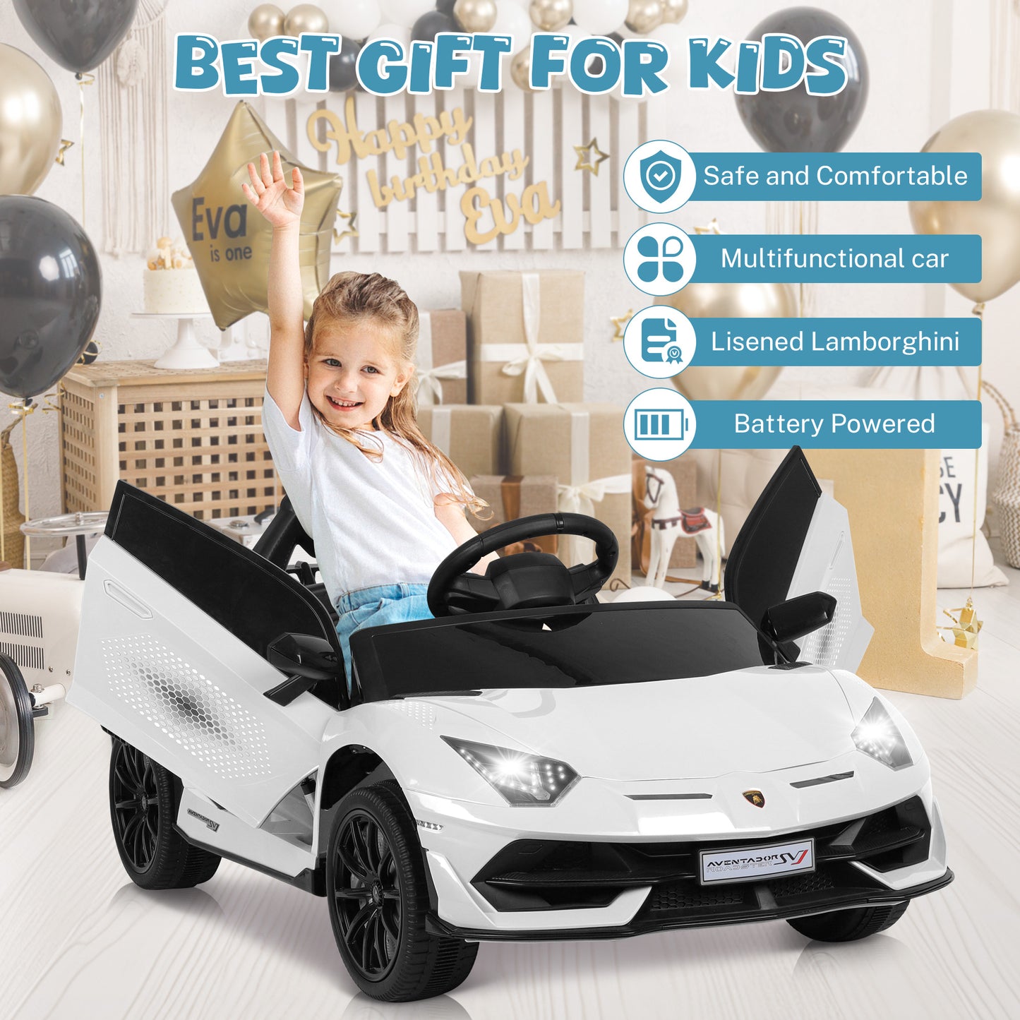 12V Powered Kids Ride on Car Toy with Remote Control, Licensed Lamborghini Sport Car for Girls Boys 3-5 Years Old, Electric Vehicle Car w/ Bluetooth, Fours Wheels