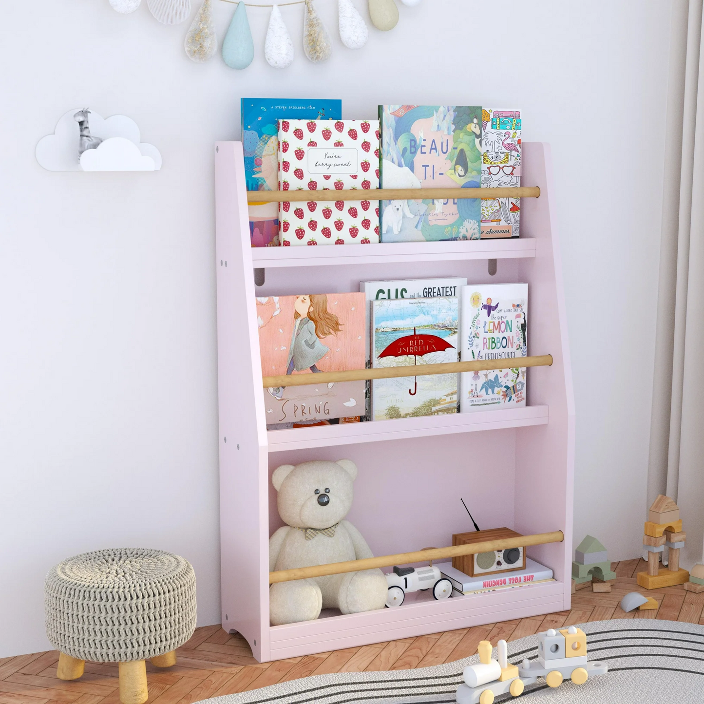 Kids Bookcase with Storage, Wooden Bookshelf and Toy Storage Organizer Cabinet, Cubes Bookshelf for Toddlers Children Boys Girls in Kids Room Furniture/ Bedroom/ Living Room