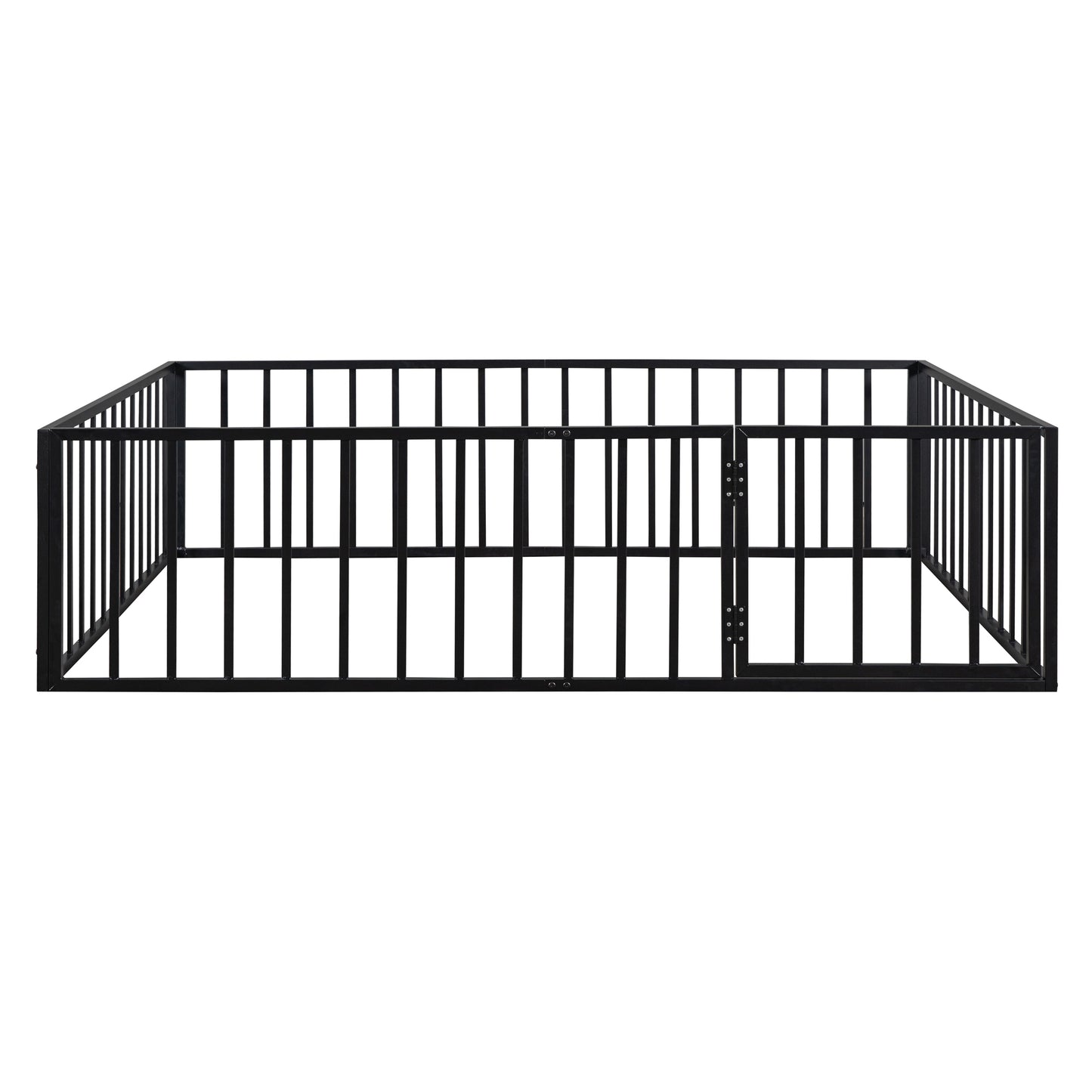iRerts Queen Floor Bed Frame, Metal Queen Size Montessori Floor Bed Frame with Fence and Door, Kids Toddler Floor Bed Frame Queen Size for Girls Boys, Twin Bed Frame without Bed Slats, Black
