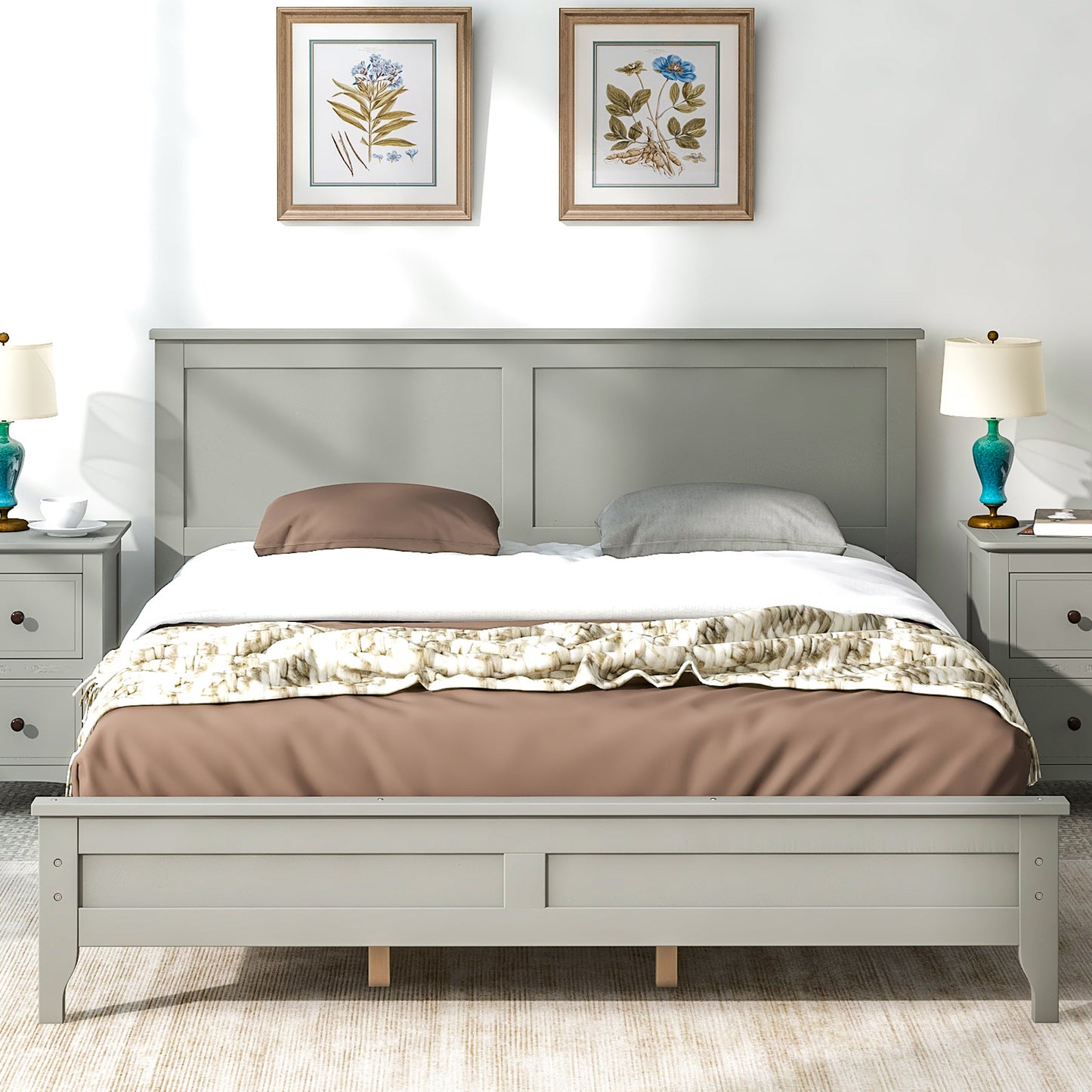 iRerts Queen Platform Bed Frame with Headboard and Footboard, Solid Wood Bed Frames Queen Size with Slats Support, Oak Top, Modern Queen Bed Frame No Box Spring Needed for Kids Adults, Gray