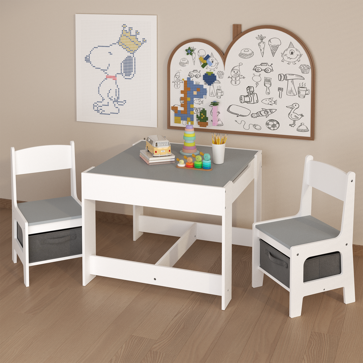 iRerts Kids Table and Chairs Set 5 Piece, Wooden Table and 4 Chairs with Storage Function for Children Toddler, Gray and White