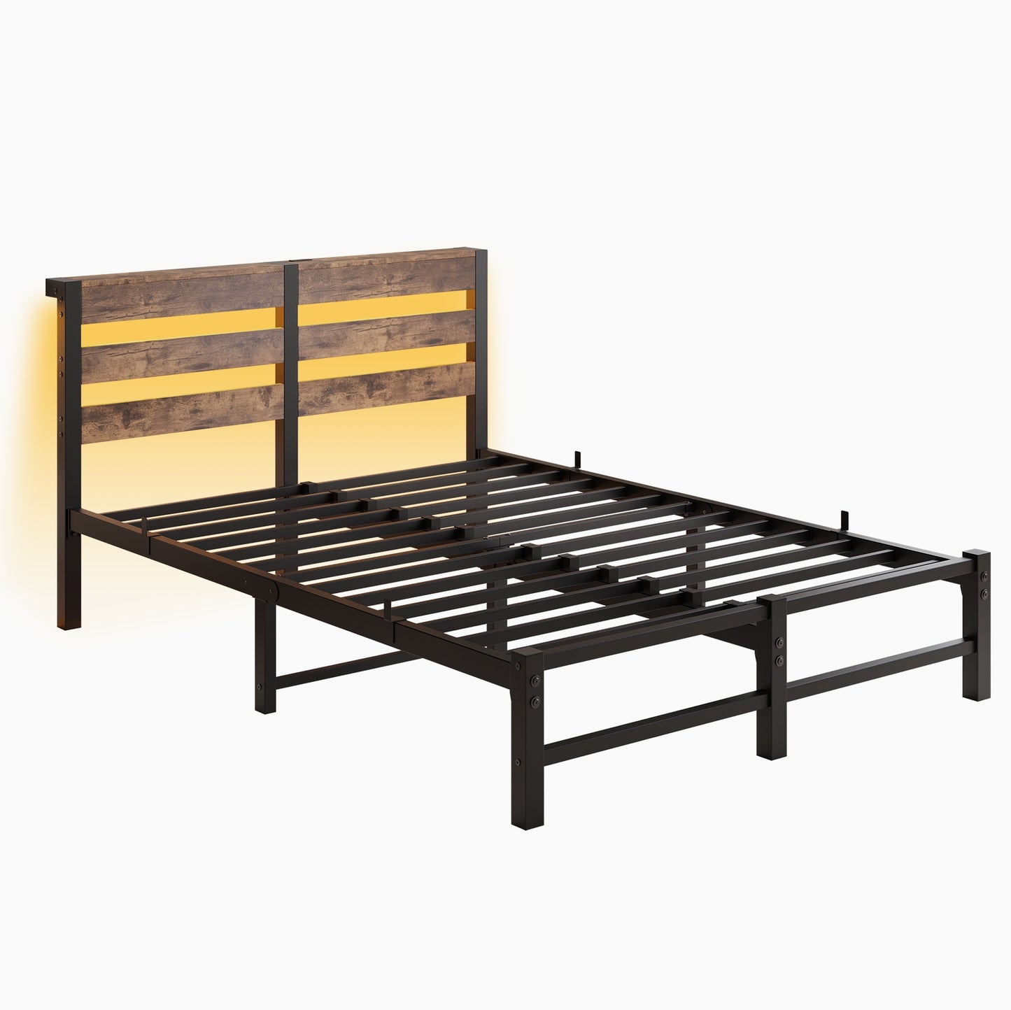 iRerts Full Bed Frame with Headboard, Metal Platform Bed Frame Full Size with USB Charging Station, LED Lights, Steel Slats, LED Bed Frame No Box Spring Needed for Bedroom Furniture, Brown