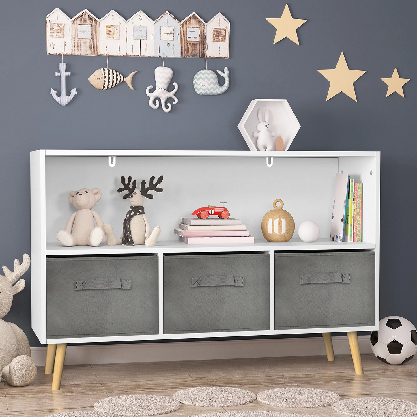 Kids Bookcase with Storage, Wooden Bookshelf and Toy Storage Organizer Cabinet, Cubes Bookshelf for Toddlers Children Boys Girls in Kids Room Furniture/ Bedroom/ Living Room