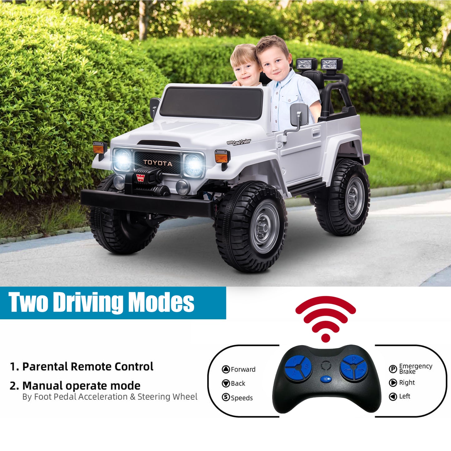 2 Seater 24 Volt Ride On Car with Remote Control, Licensed Toyota FJ40 Ride on Toys Truck for Boys Girls, Kids Electric Vehicle Car with LED Light, Bluetooth/FM Radio/Music, 4 Wheels Suspension, White
