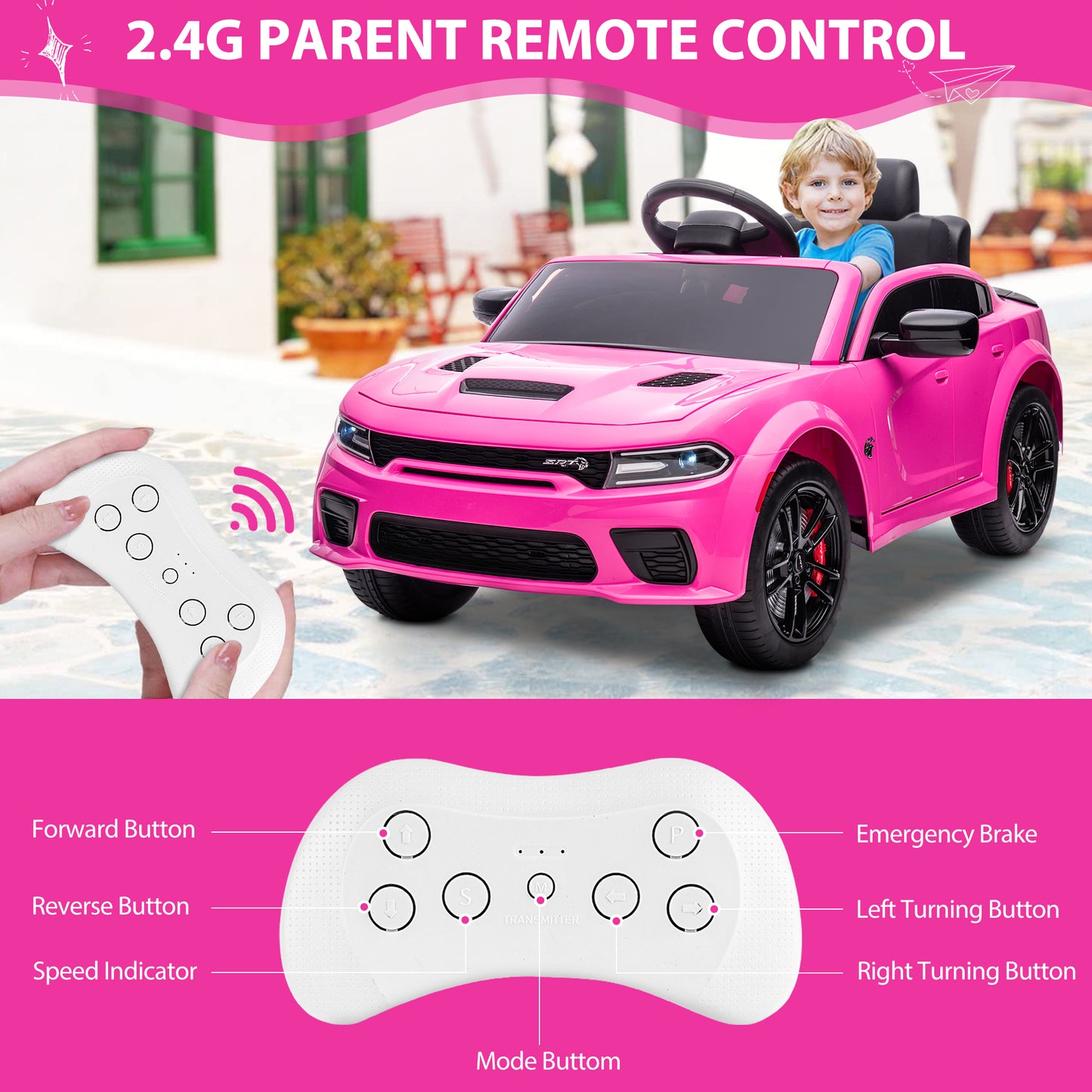 Dodge Charger 12V Ride On Cars with Remote Control, Ride On Vehicles for Kids with LED Light, Bluetooth, USB, MP3, Battery Powered Ride on Toys for Boys Girls 3-5 Years Old Birthday Gifts, Pink