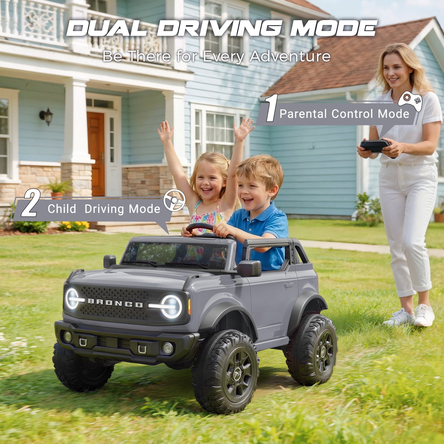 iRerts 2 Seater Ride on Cars, Licensed Ford Bronco Base 24V Ride on Toys for Big Kids Ages 3-8, Powered Kids Car Electric Vehicle with Remote Control, Bluetooth, LED Lights, 4 Wheel Suspension, Gray