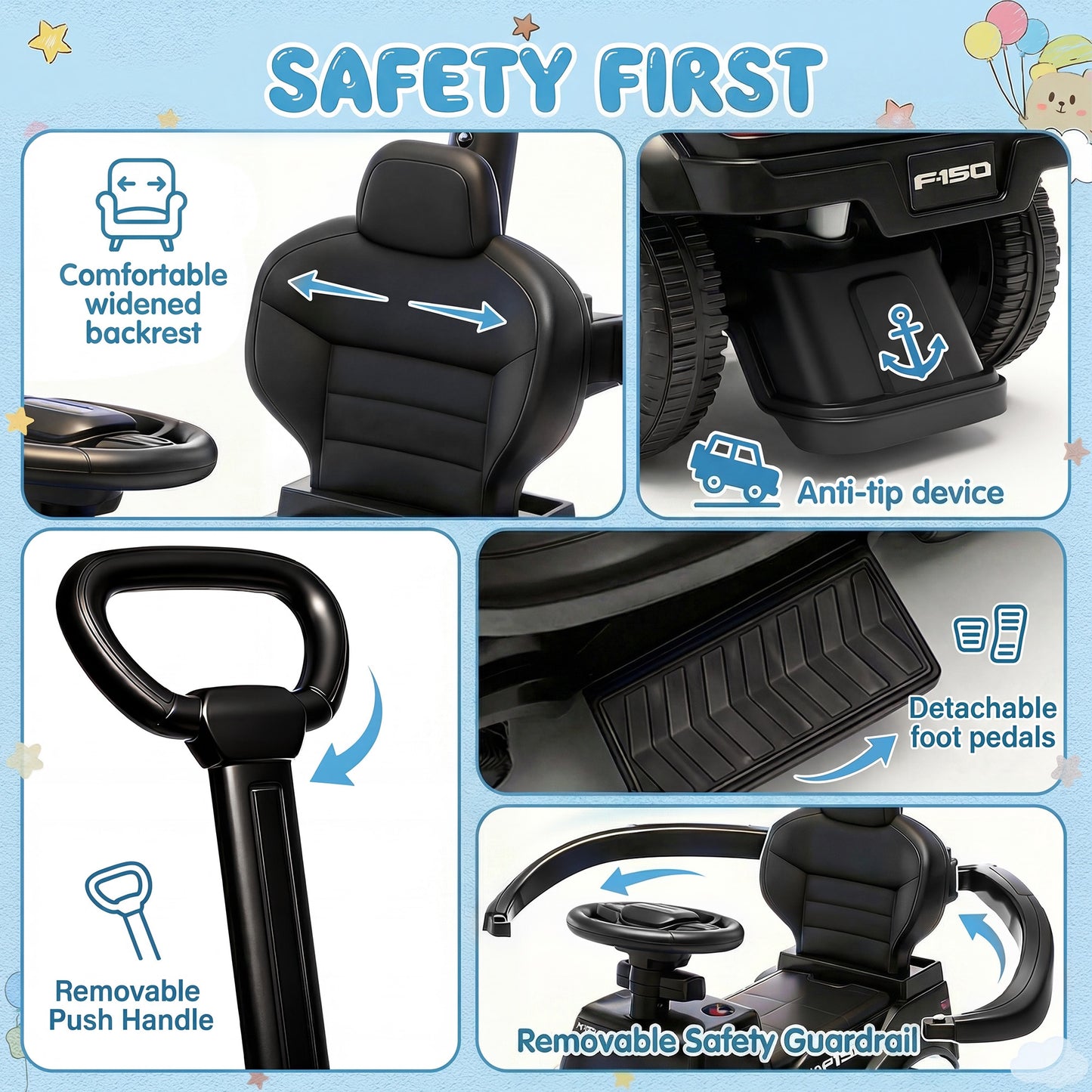 Push Car for Toddlers 1-3, Licensed Ford F-150 3-in-1 Kids Ride on Toy with Parent Push Handle, Foot to Floor Sliding Car with Horn & Lights, Under Seat Storage, Black
