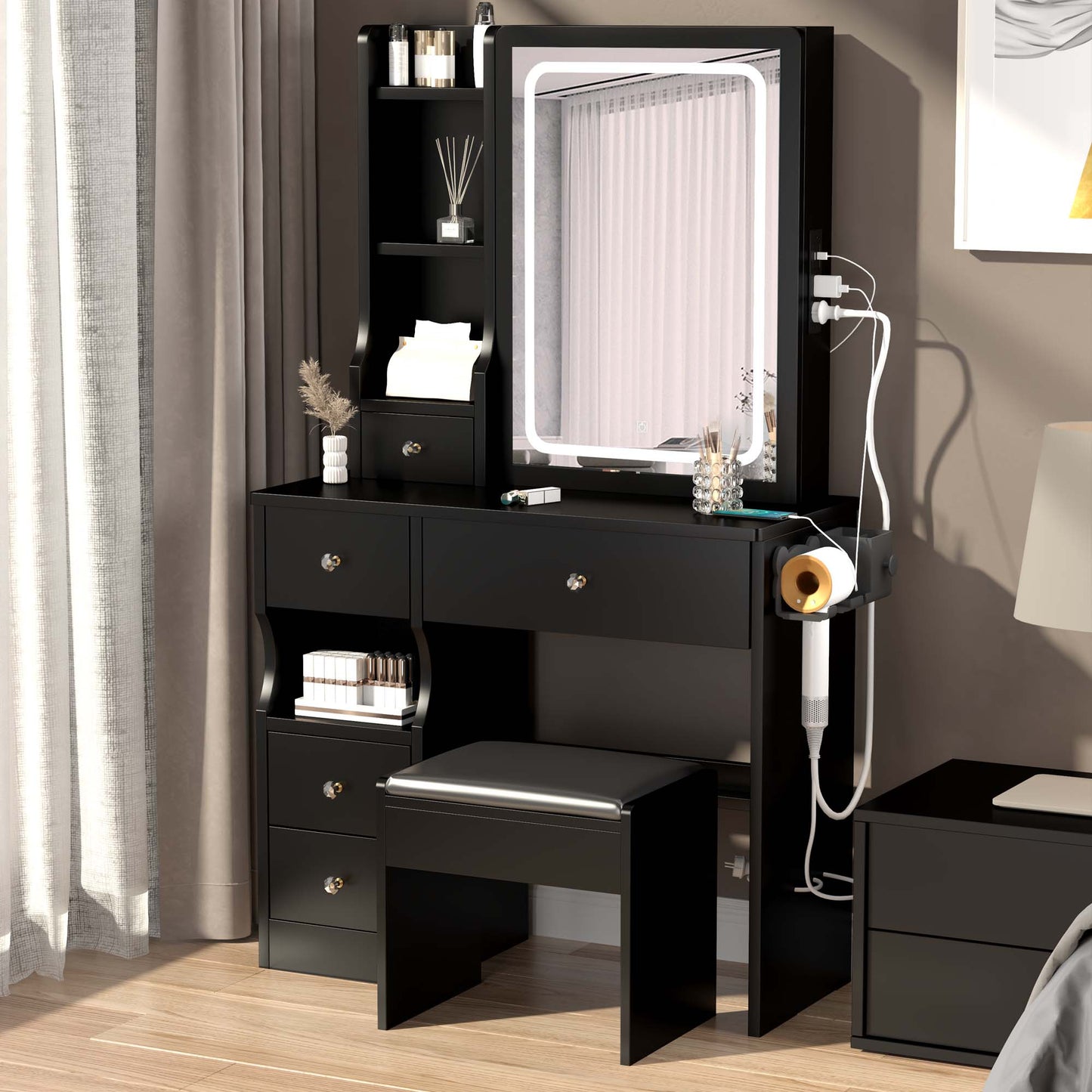 iRerts Vanity Desk with Chair, Makeup Vanity Set with LED Mirror, 2 AC+2 USB Power Station, Brightness Adjustable, Shelf, Drawers, Makeup Vanity Desk Dressing Table Set for Bedroom Small Space, Black