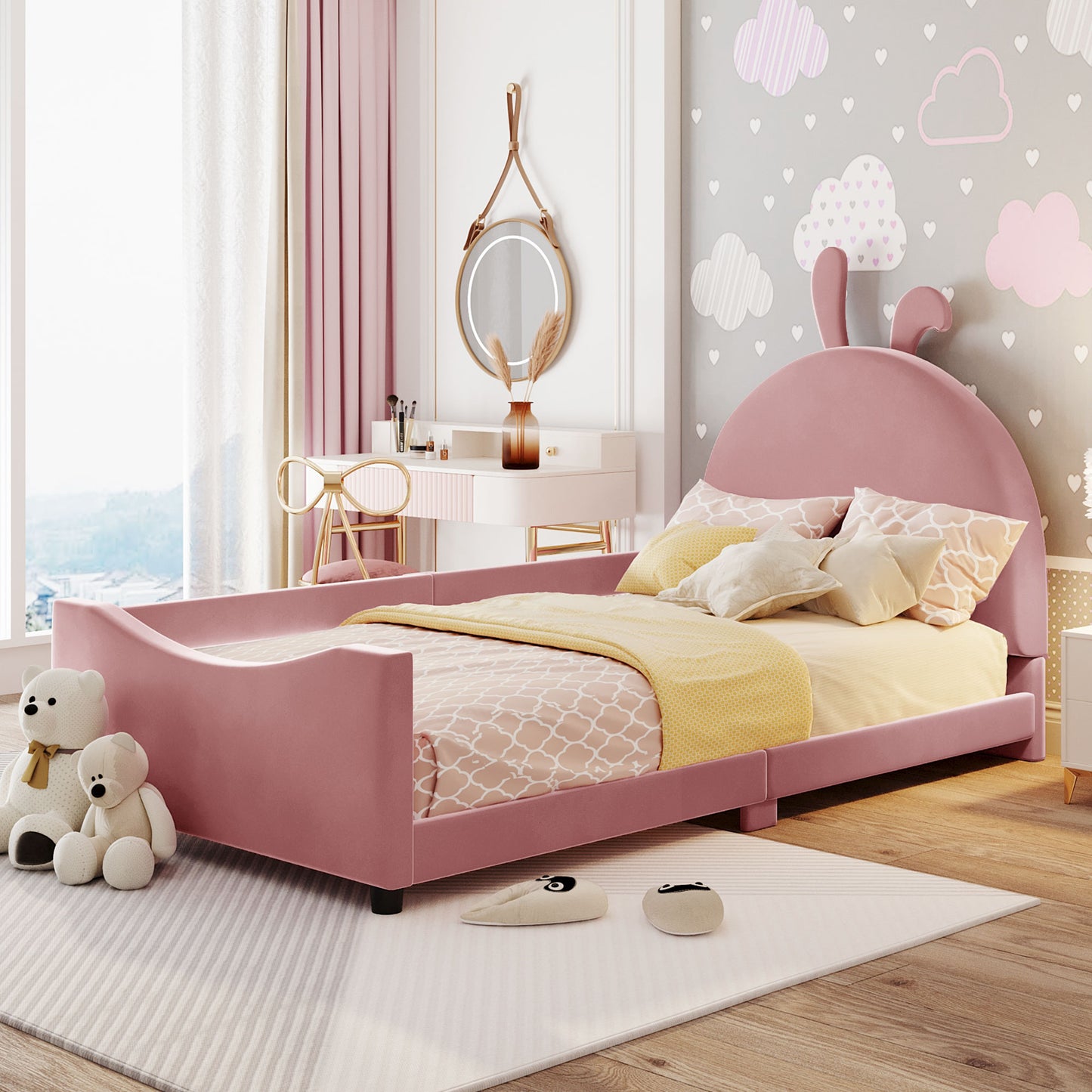 iRerts Upholstered Twin Daybed Frame for Kids, Velvet Twin Platform Bed Frame with Rabbit Ear Shaped Headboard and Footboard, Wood Twin Size Sofa Bed for Girls Boys, Pink