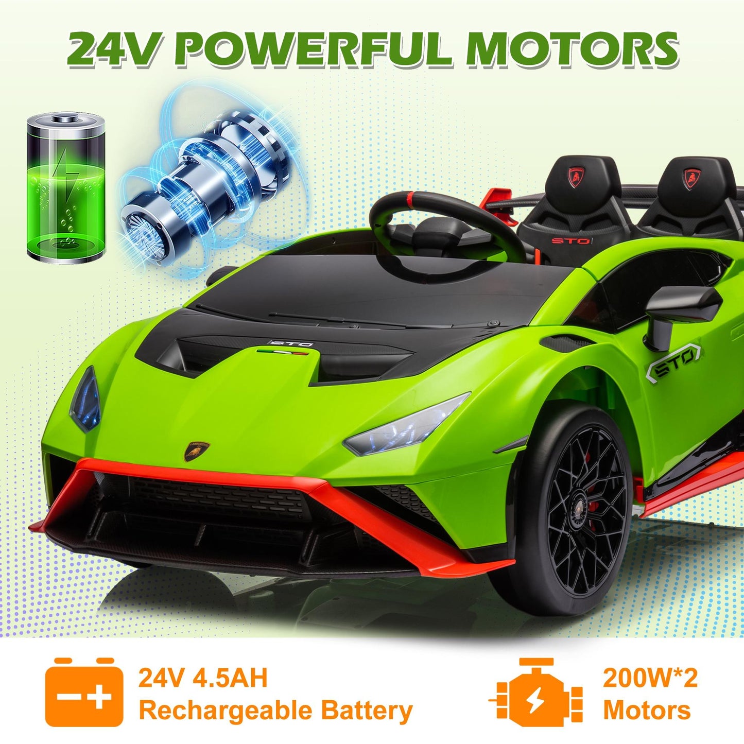 iRerts Green 24V Lamborghini Ride on Cars with Remote Control, Battery Powered Kids Ride on Toys for Boys Girls 3-8 Ages, 4 Wheels Electric Cars for Kids with Bluetooth/Music/USB Port/LED Lights