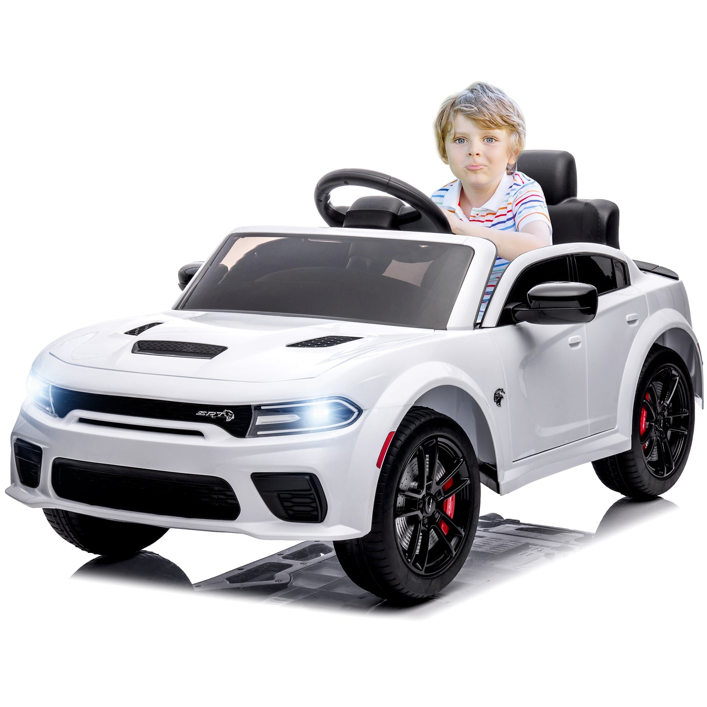 Dodge Charger 12V Ride On Cars with Remote Control, Ride On Vehicles for Kids with LED Light, Bluetooth, USB, MP3, Battery Powered Ride on Toys for Boys Girls 3-5 Years Old Birthday Gifts, White