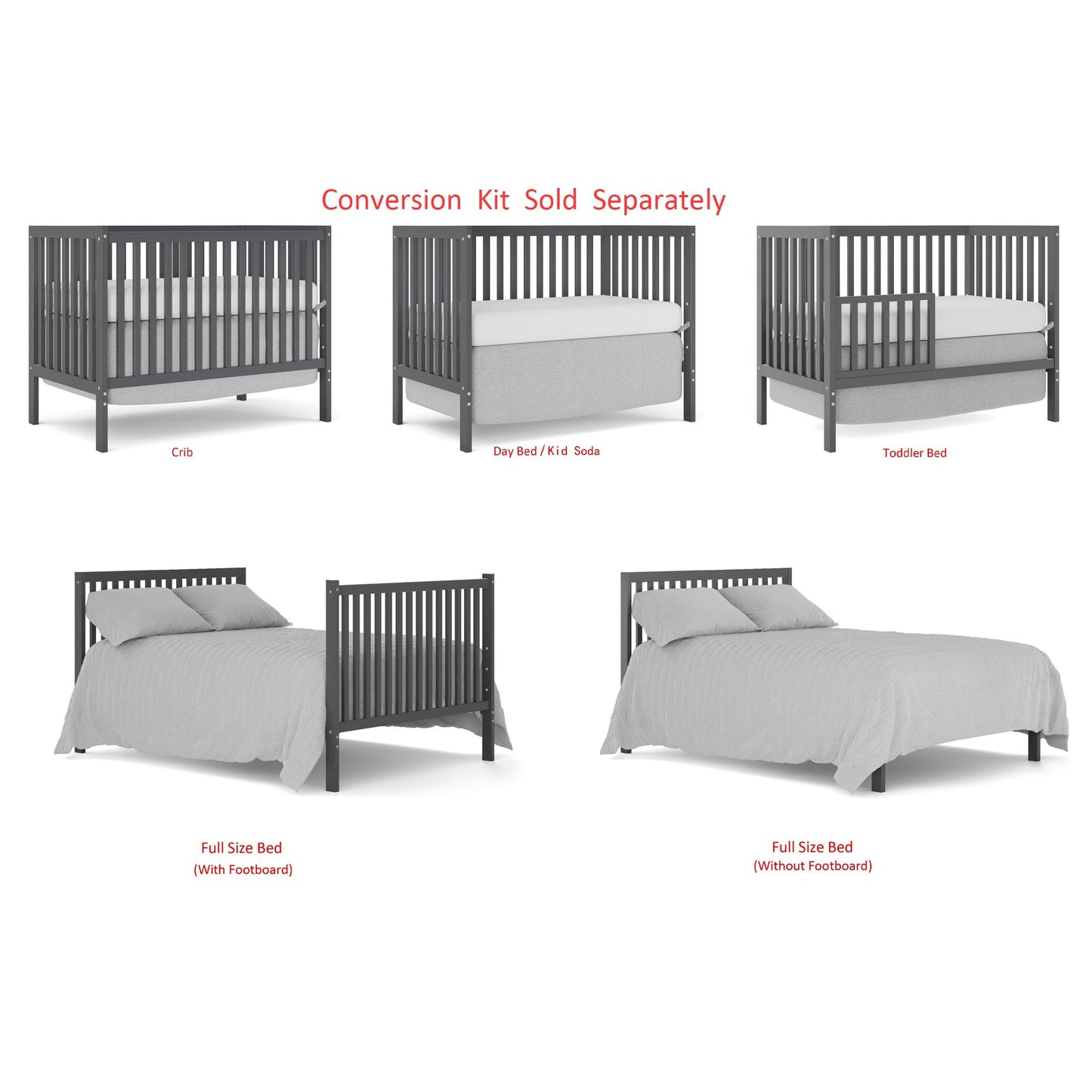 iRerts 5 In 1 Convertible Baby Crib, Wood Convertible Crib Toddler Bed with Wood Legs, Converts from Baby Crib to Toddler Bed, Fits Standard Full-Size Crib Mattress, Easy to Assemble, Gray