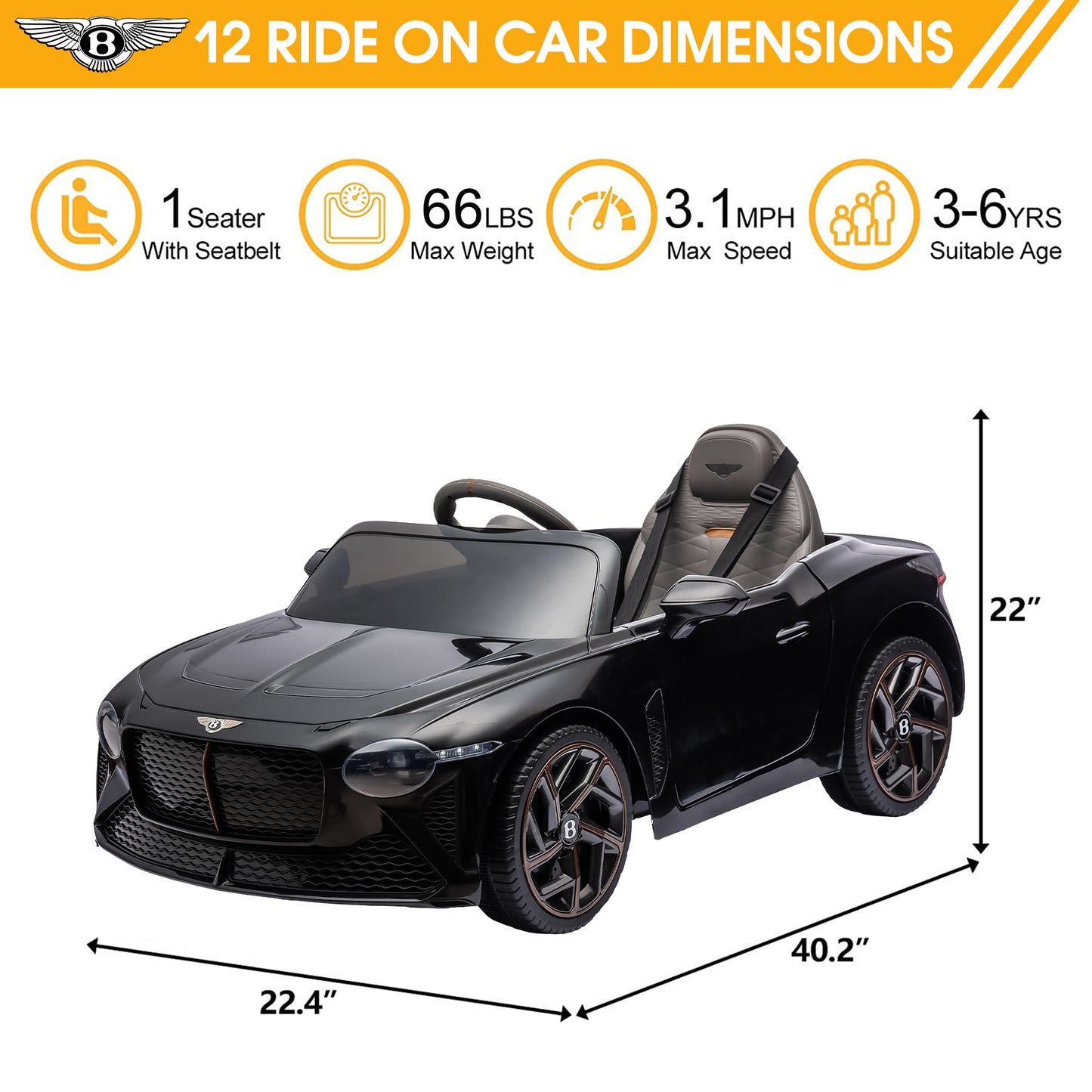 12V Ride On Car with Remote Control, Licensed Bentley Mulsanne Kids Electric Car with Bluetooth, Music, USB, MP3, LED Light, Battery Powered Electric Ride On Vehicle for Boy Girl Birthday Gift, Black