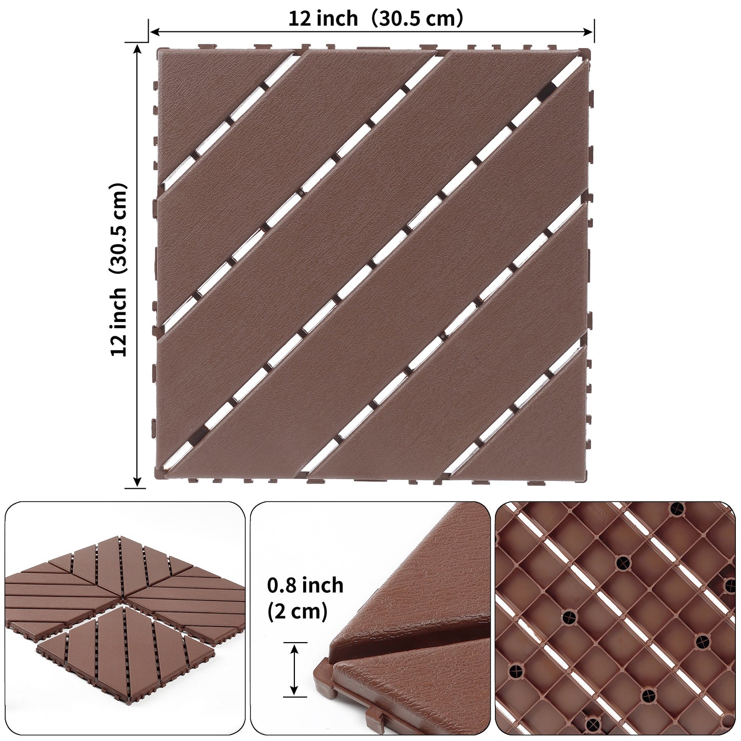 iRerts Plastic Interlocking Deck Tiles, 44 Pack Outdoor Flooring Tiles 12" x 12", All Weather Use, Patio Floor Decking Tiles for Porch Poolside Backyard, Brown