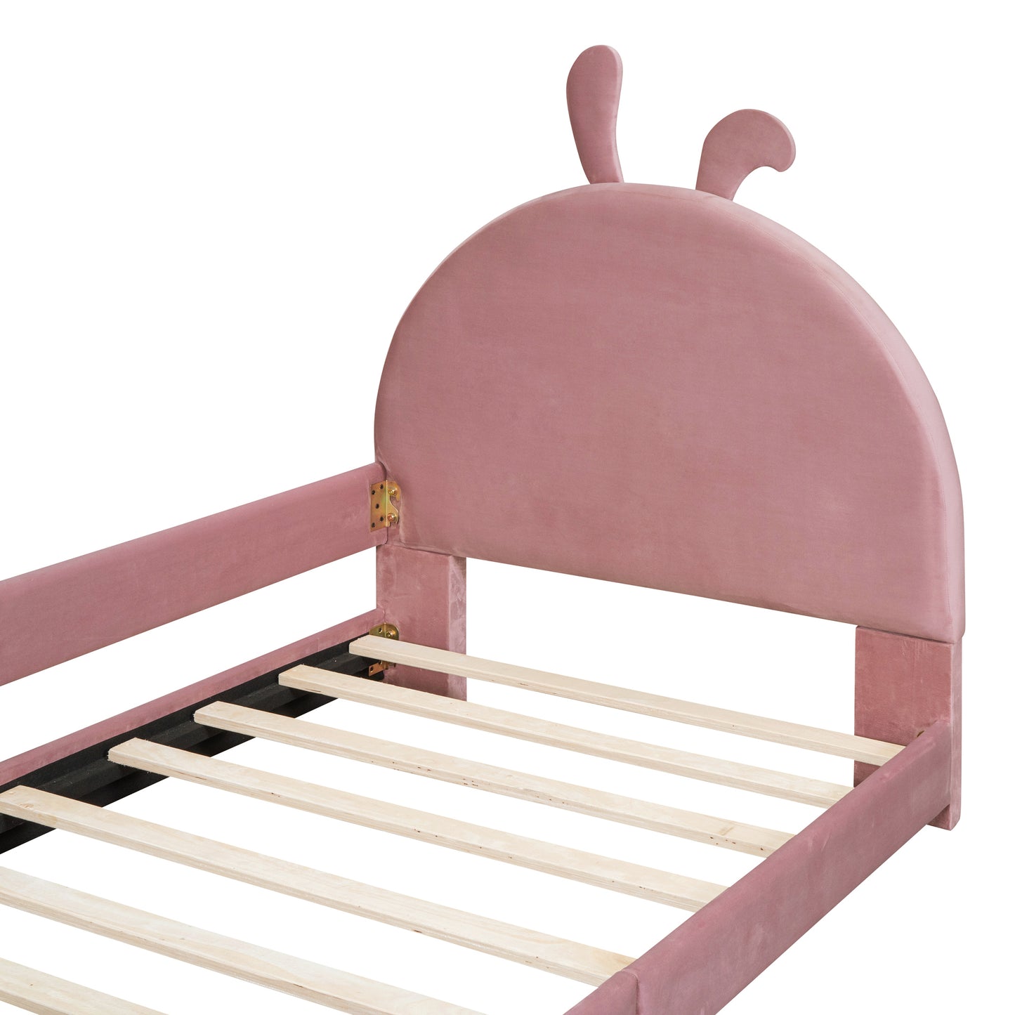 iRerts Upholstered Twin Daybed Frame for Kids, Velvet Twin Platform Bed Frame with Rabbit Ear Shaped Headboard and Footboard, Wood Twin Size Sofa Bed for Girls Boys, Pink