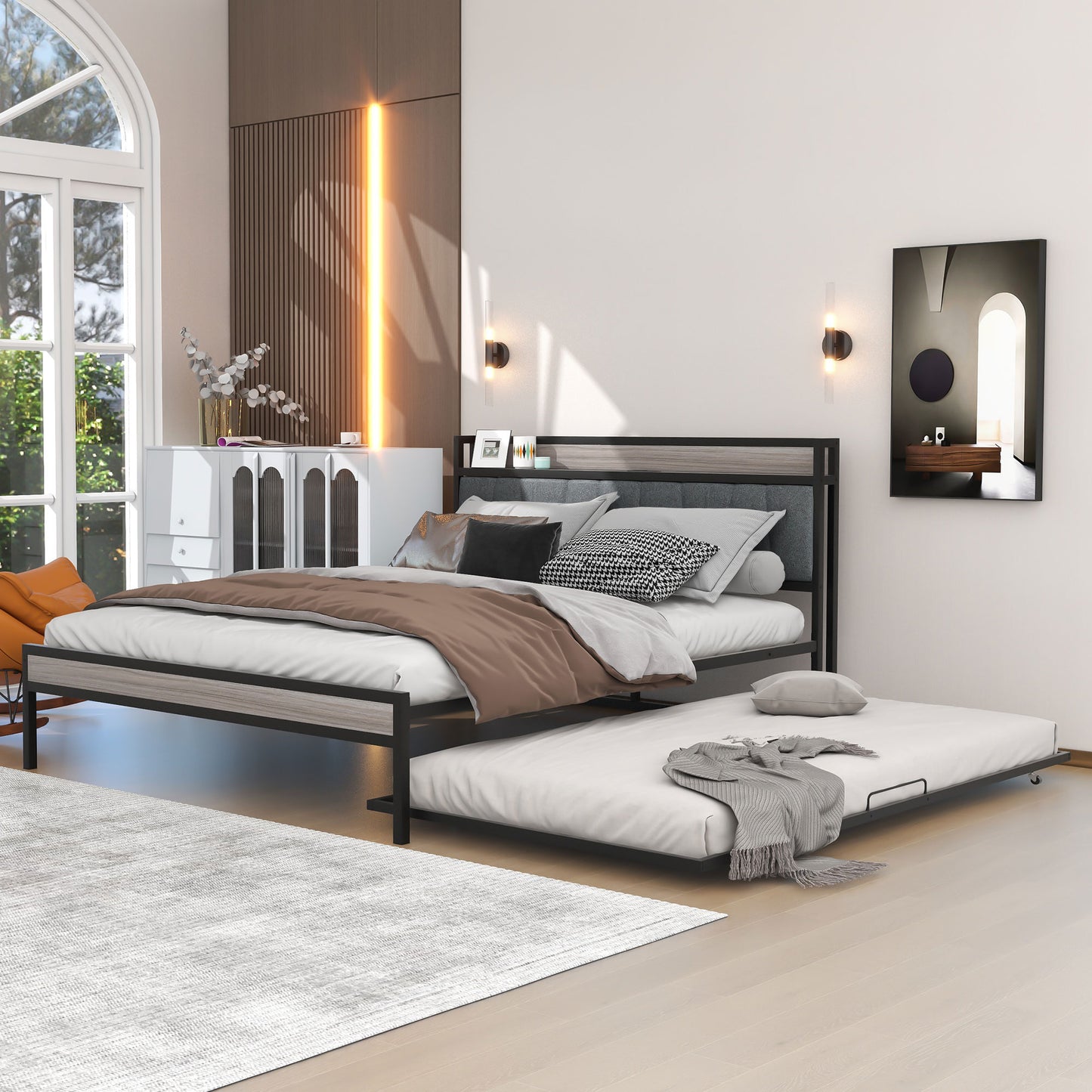 Queen Size Metal Platform Bed Frame with Twin Size Trundle, Queen Size Bed Frame with Upholstered Headboard, USB Ports, Steel Slat Support, Queen Bed Frame No Box Spring Needed for Bedroom, Black