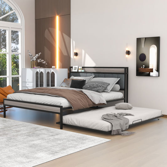 Queen Size Metal Platform Bed Frame with Twin Size Trundle, Queen Size Bed Frame with Upholstered Headboard, USB Ports, Steel Slat Support, Queen Bed Frame No Box Spring Needed for Bedroom, Black