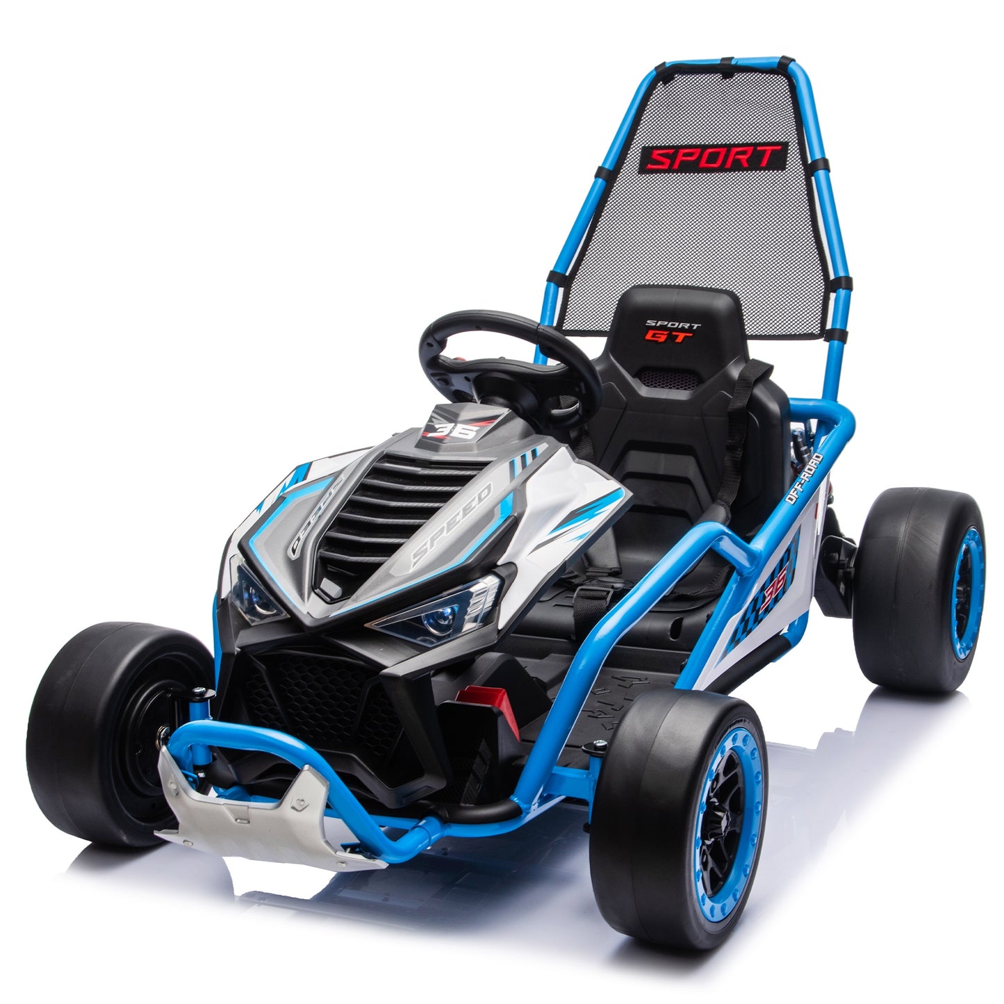 24V Powered Ride on Toys, iRerts Electric Go Kart with Drift Mode, Bluetooth Music, EVA Front Tires, Rear Wheel Suspension, Max Speed 7.5 MPH, Crazy Go Cart Electric Car for Kids 6-12 Ages,  Blue