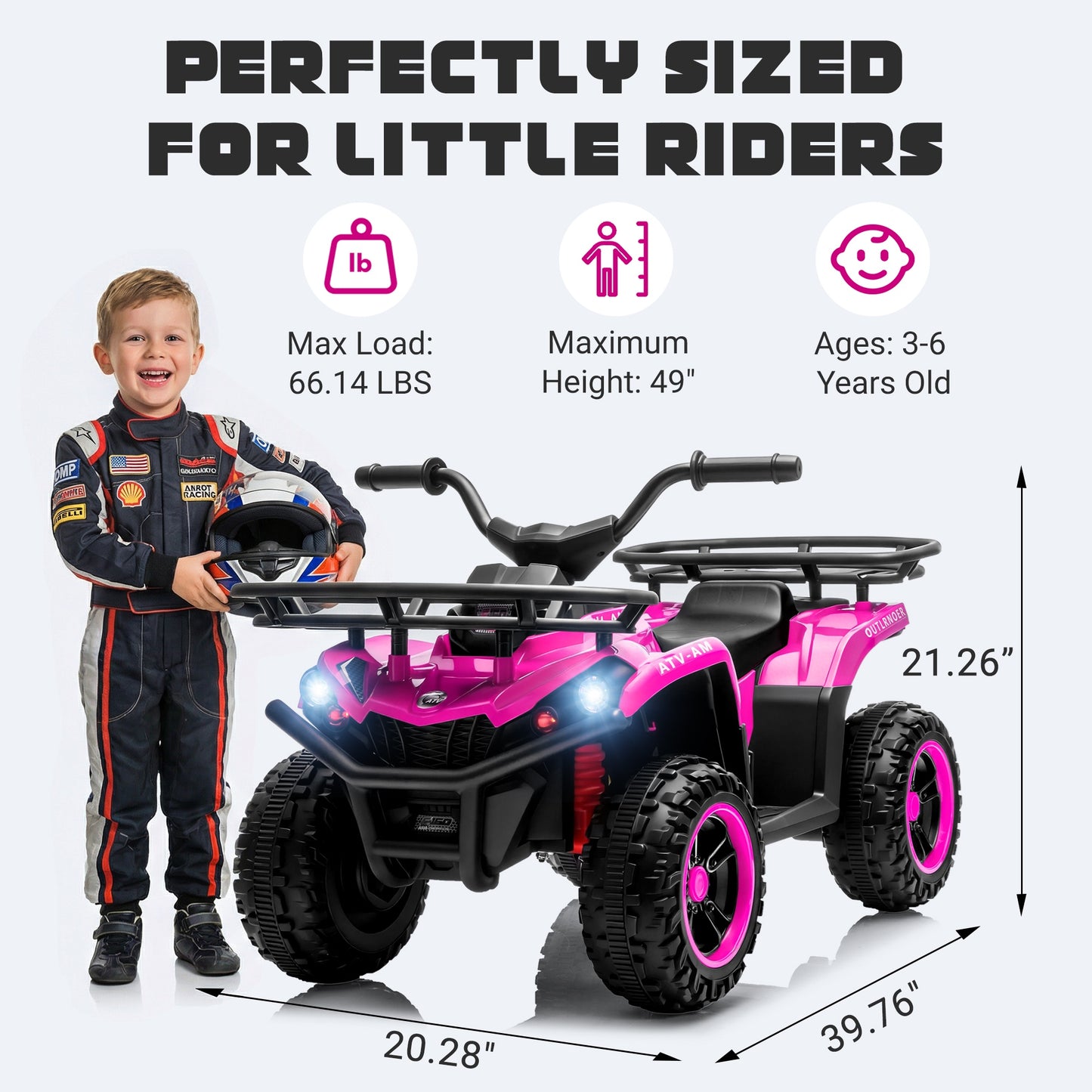iRerts 24V Ride on ATV, Powered Ride on Toys for Kids Boys Girls Ages 3-5, Kids 4 Wheeler Electric Cars with Bluetooth, Music, LED Headlights, Front Rear Storage Racks, Crash Bars, Pink
