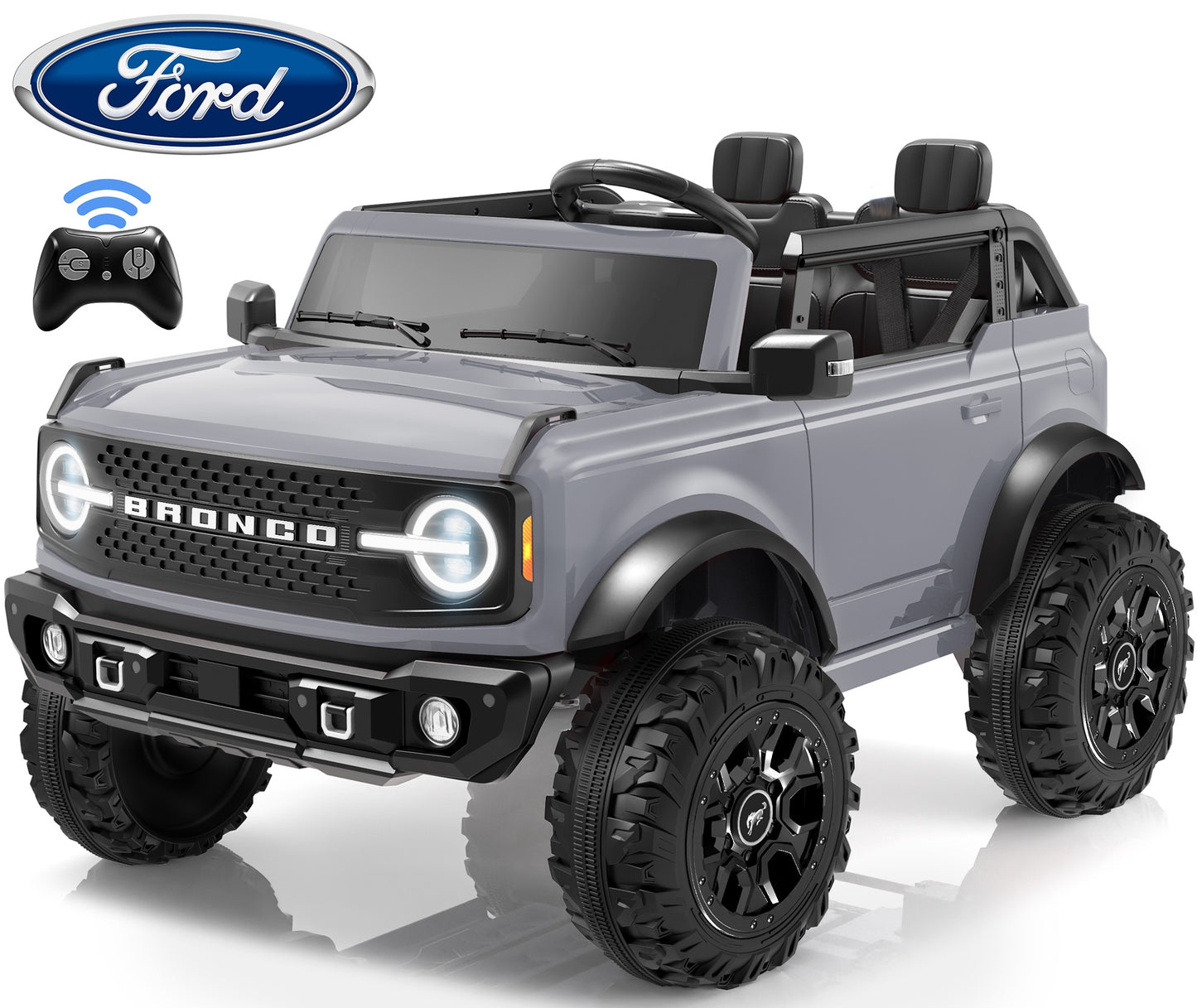 iRerts 2 Seater Ride on Cars, Licensed Ford Bronco Base 24V Ride on Toys for Big Kids Ages 3-8, Powered Kids Car Electric Vehicle with Remote Control, Bluetooth, LED Lights, 4 Wheel Suspension, Gray