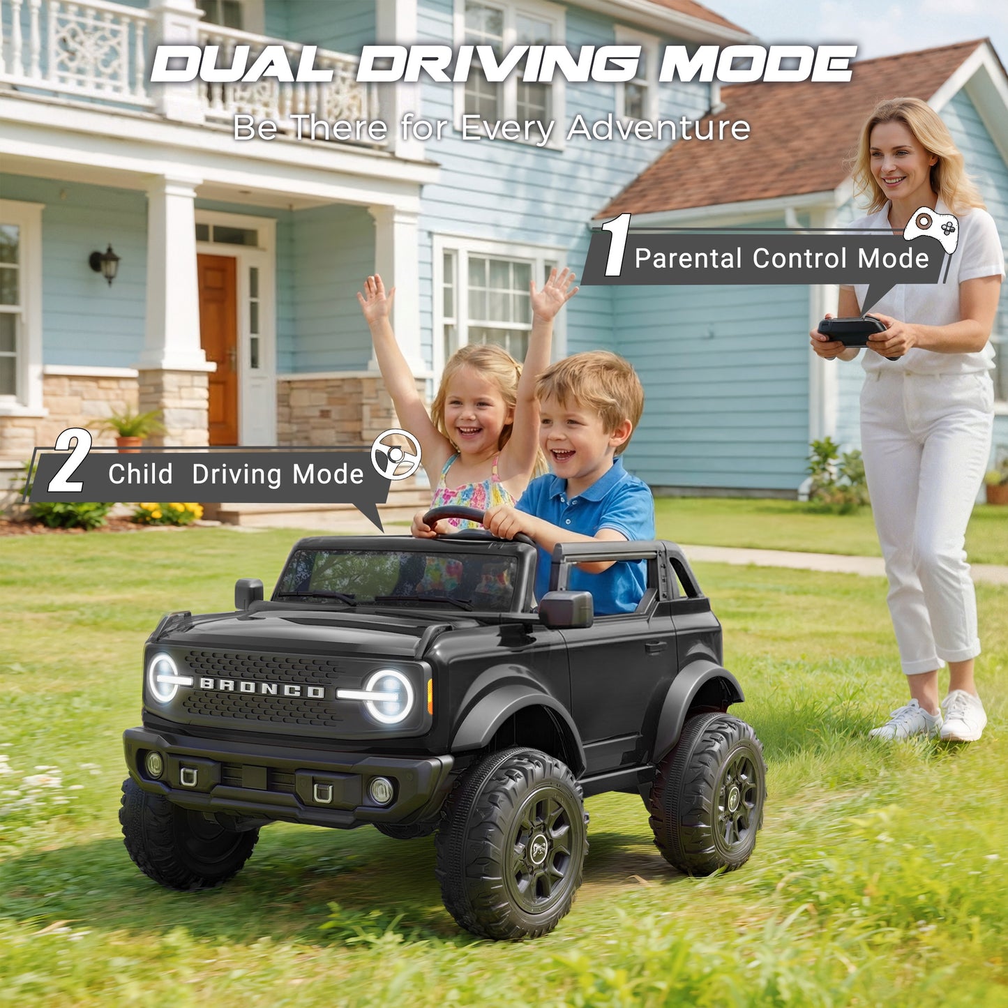 iRerts 2 Seater Ride on Cars, Licensed Ford Bronco Base 24V Ride on Toys for Big Kids Ages 3-8, Powered Kids Car Electric Vehicle with Remote Control, Bluetooth, LED Lights, 4 Wheel Suspension, Black
