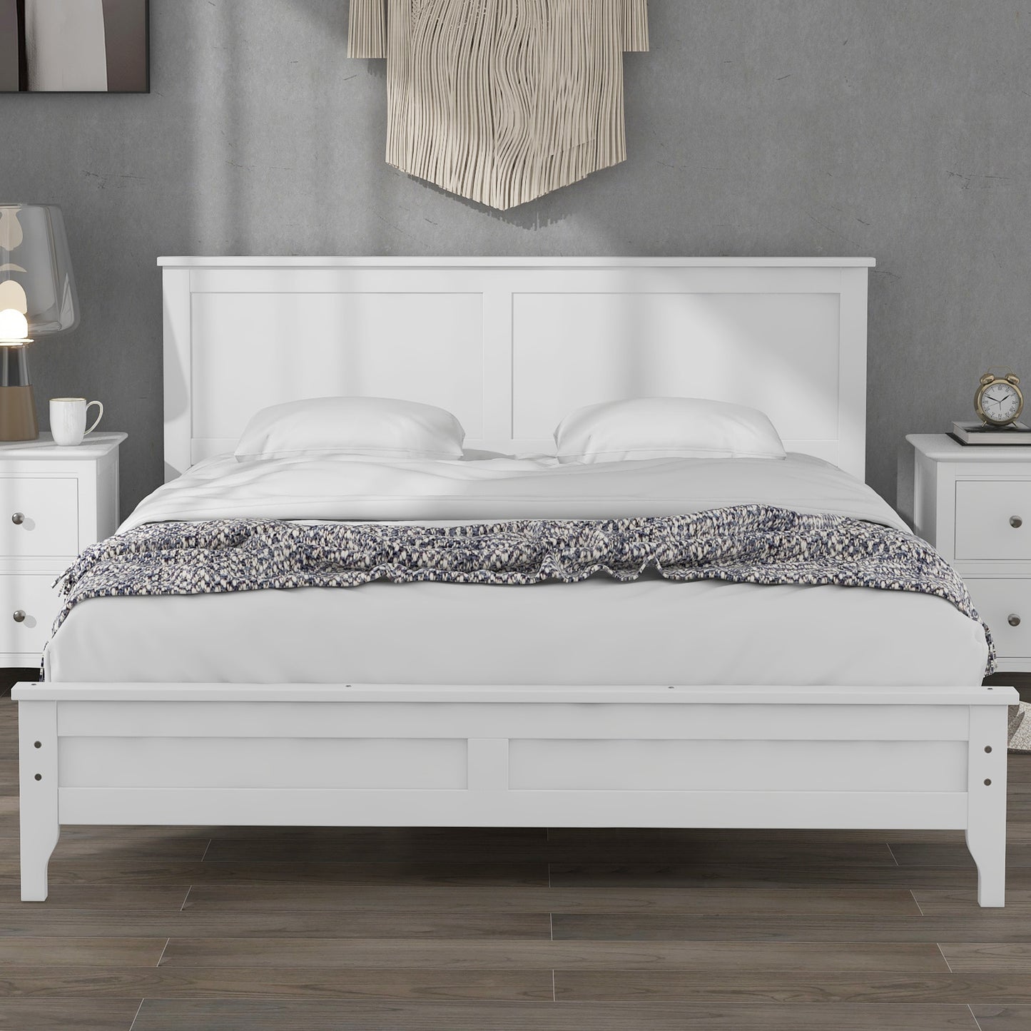 iRerts Queen Platform Bed Frame with Headboard and Footboard, Solid Wood Bed Frames Queen Size with Slats Support, Oak Top, Modern Queen Bed Frame No Box Spring Needed for Kids Adults, White