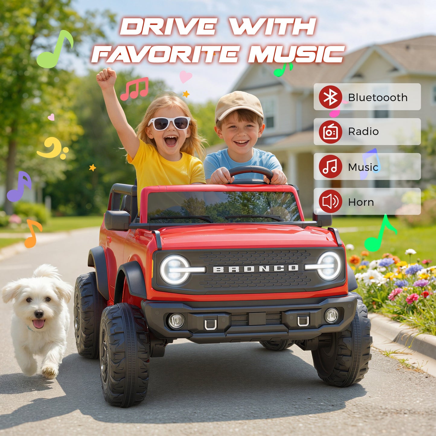 iRerts 2 Seater Ride on Cars, Licensed Ford Bronco Base 24V Ride on Toys for Big Kids Ages 3-8, Powered Kids Car Electric Vehicle with Remote Control, Bluetooth, LED Lights, 4 Wheel Suspension, Red