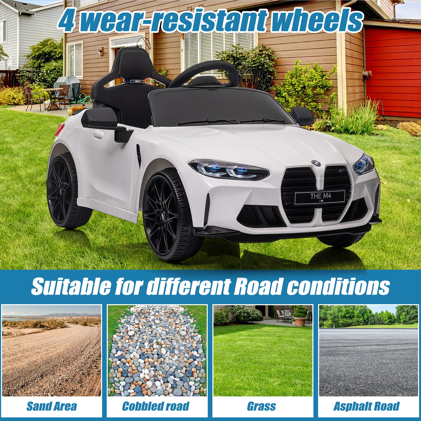 BMW M4 Silver 12V Ride On Cars with Remote Control, Battery Powered Ride on Toys with Music, Bluetooth, Story, USB/MP3 Port, LED Light, Kids Electric Vehicle for Boys Girls with Wheels, Easy to Carry