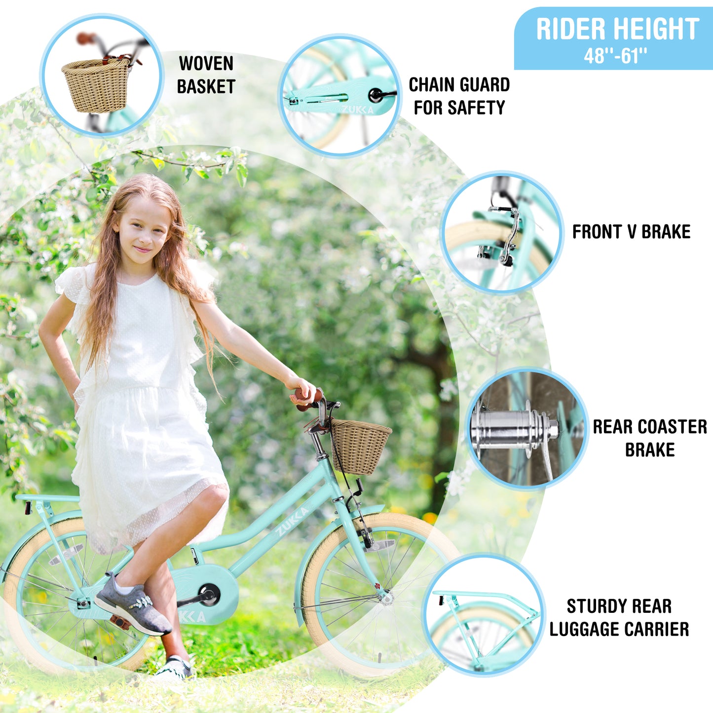 iRerts Girls Bike for 7-10 Years Old Kids, 20 Inch Bike with Basket, Brown Leather Saddle, Coaster Brakes, Retro Style Girls Bicycle Kids Cycle Bikes, Kids Bicycle for Gifts, Mint Green
