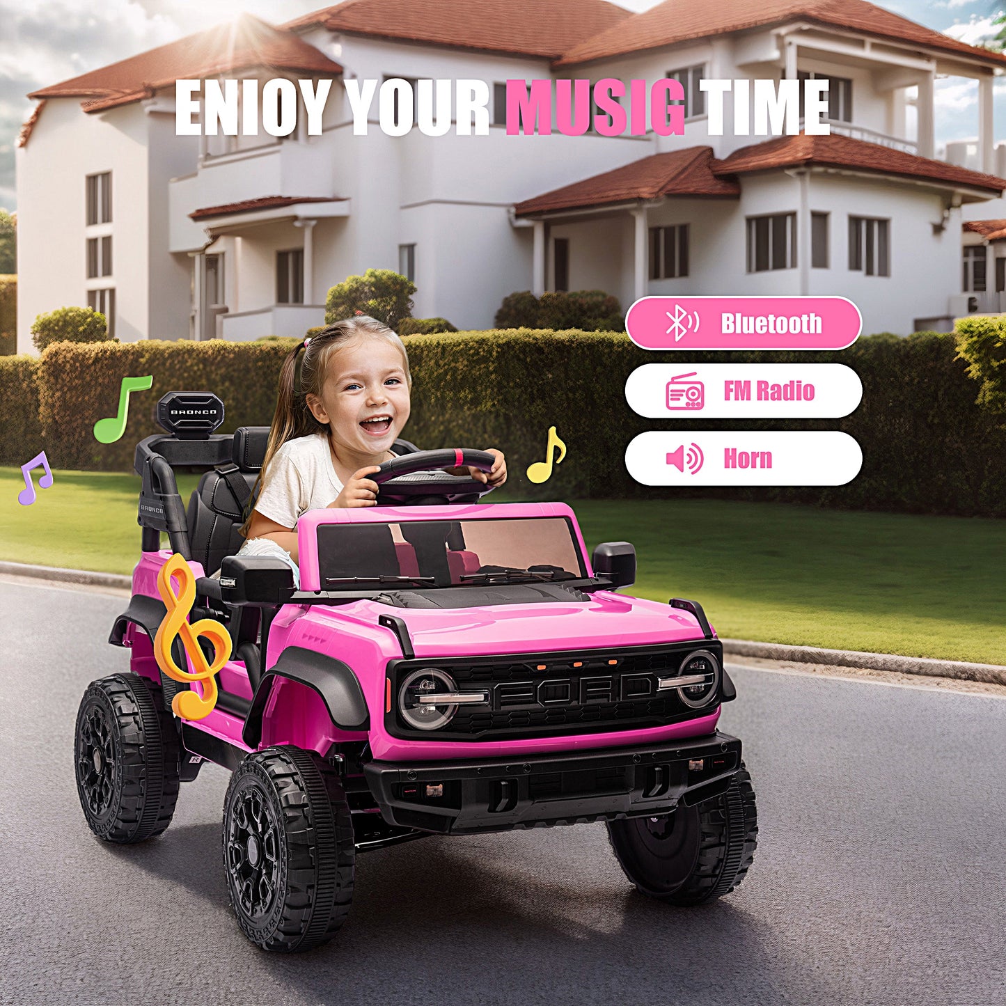iRerts 12V Ride on Cars, Licensed Ford Bronco Raptor Toddlers Ride on Toys with Parental Remote Control, Bluetooth, FM Radio, LED Lights, Electric Car for Kids Boys Girls Ages 3-6,Pink