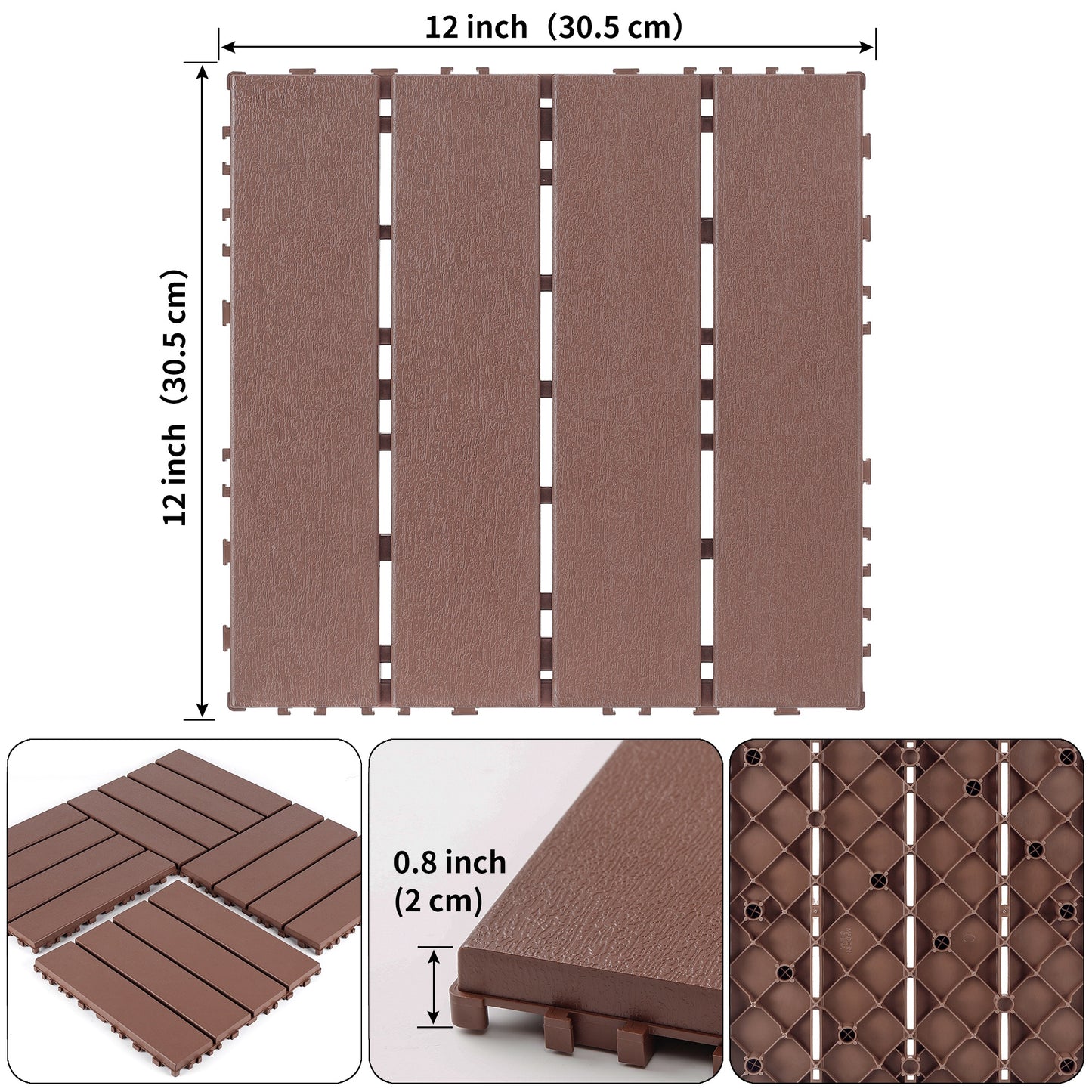 iRerts Plastic Interlocking Deck Tiles, 44 Pack Outdoor Flooring Tiles 12" x 12", All Weather Use, Patio Floor Decking Tiles for Porch Poolside Balcony Backyard, Brown