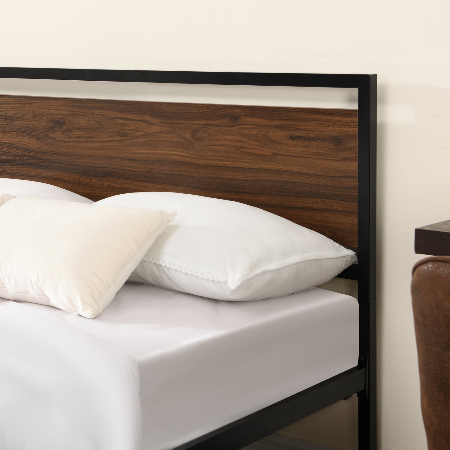 iRerts Queen Platform Bed Frame with Headboard, Industrial Metal Queen Bed Frame with Slat Support, Modern Bed Frame Queen Size for Adults Teens Kids Bedroom, No Box Spring Needed, Brown