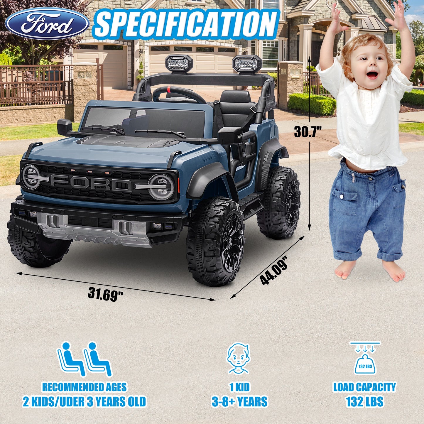 24V 2 Seater Ride on Toy Car, Licensed Ford Bronco Raptor Ride on Trucks with Remote Control, Bluetooth Music Player, Spring Suspension, Battery Powered Electric Car for Kids Boys Girls Ages 3-8, Blue