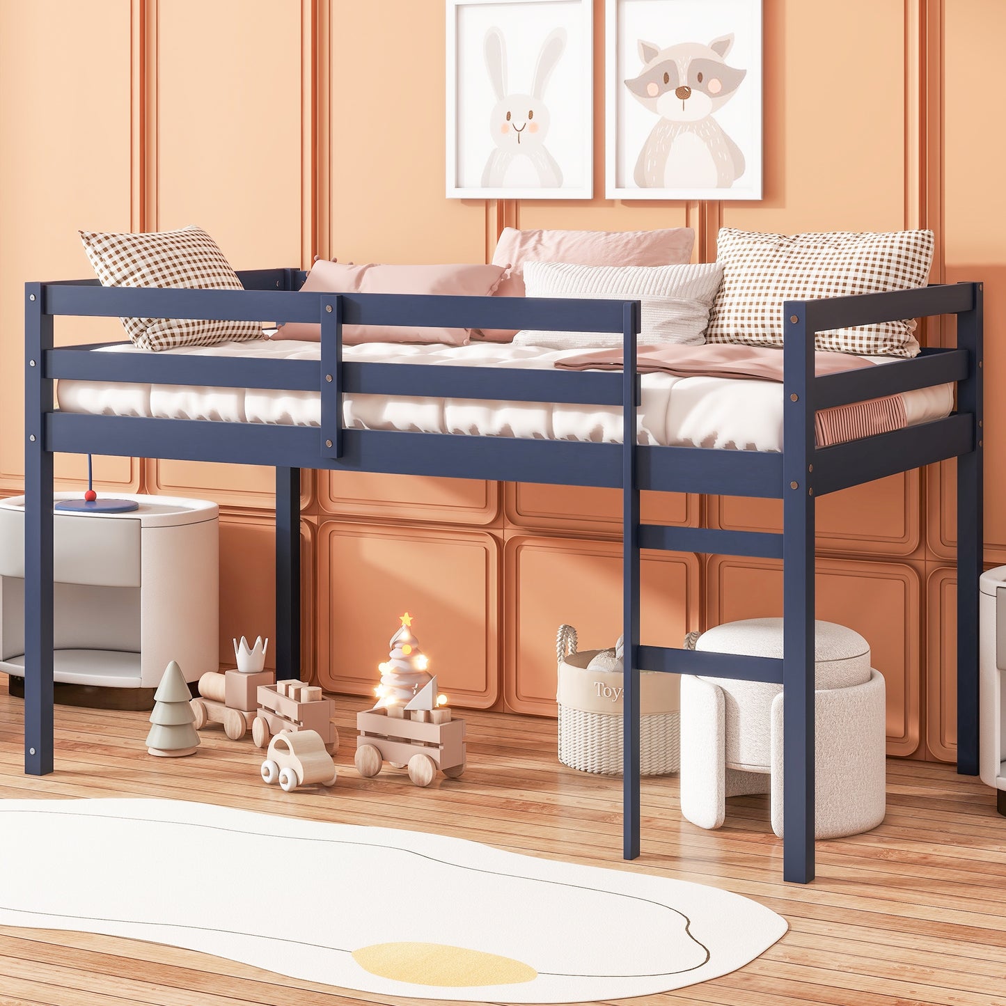 Twin Size Loft Bed Frame, Wood Loft Bed Frame for Kids Boys Girls, Twin Bed Frame Bedroom Furniture, No Box Spring Needed
