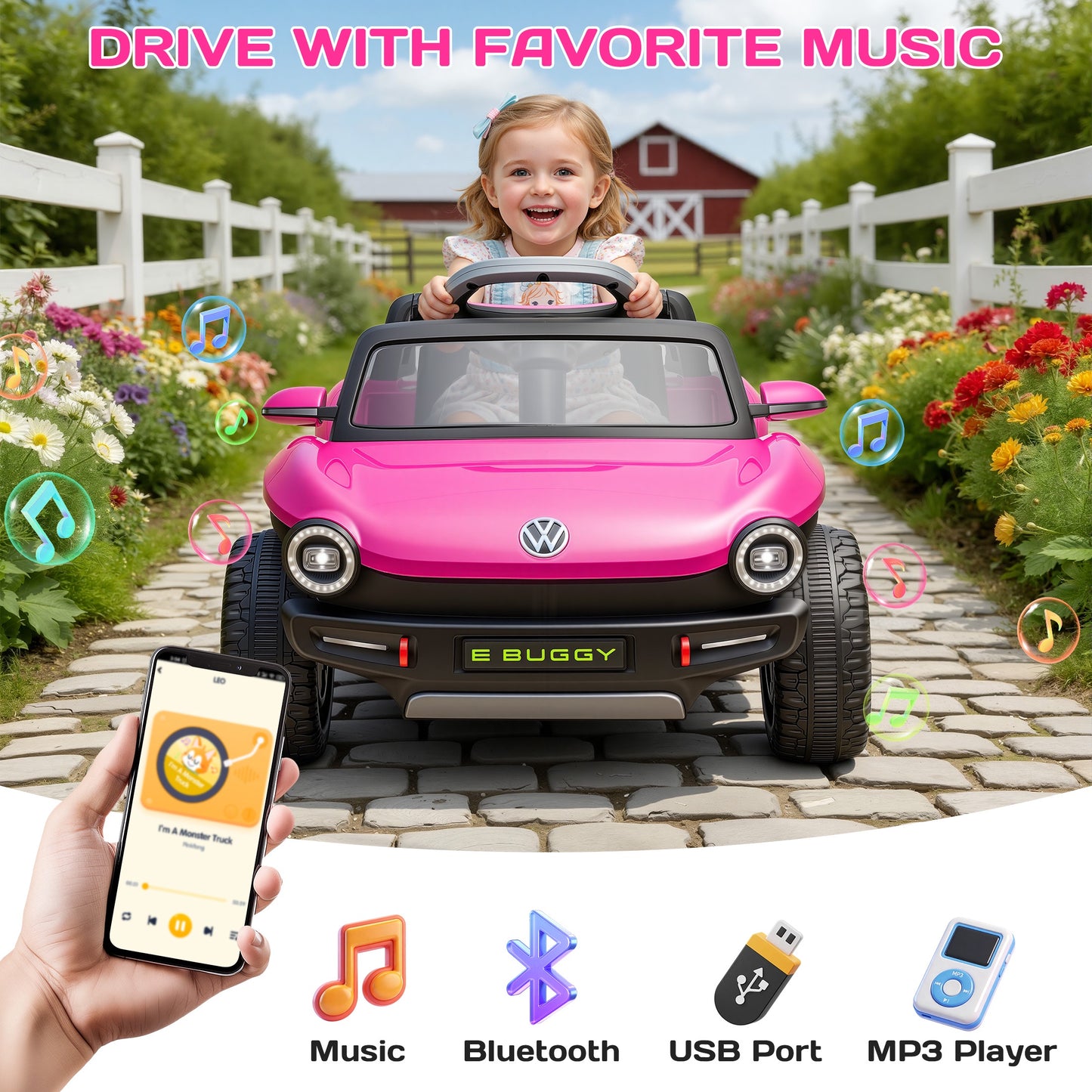 12V Electric Ride on Cars, Licensed Volkswagen Beetle Ride on Toys with Remote Control, Bluetooth, USB Port, Music, Rear Storage, LED Lights, Battery Powered Toddlers Electric Car for Kids Ages 3+
