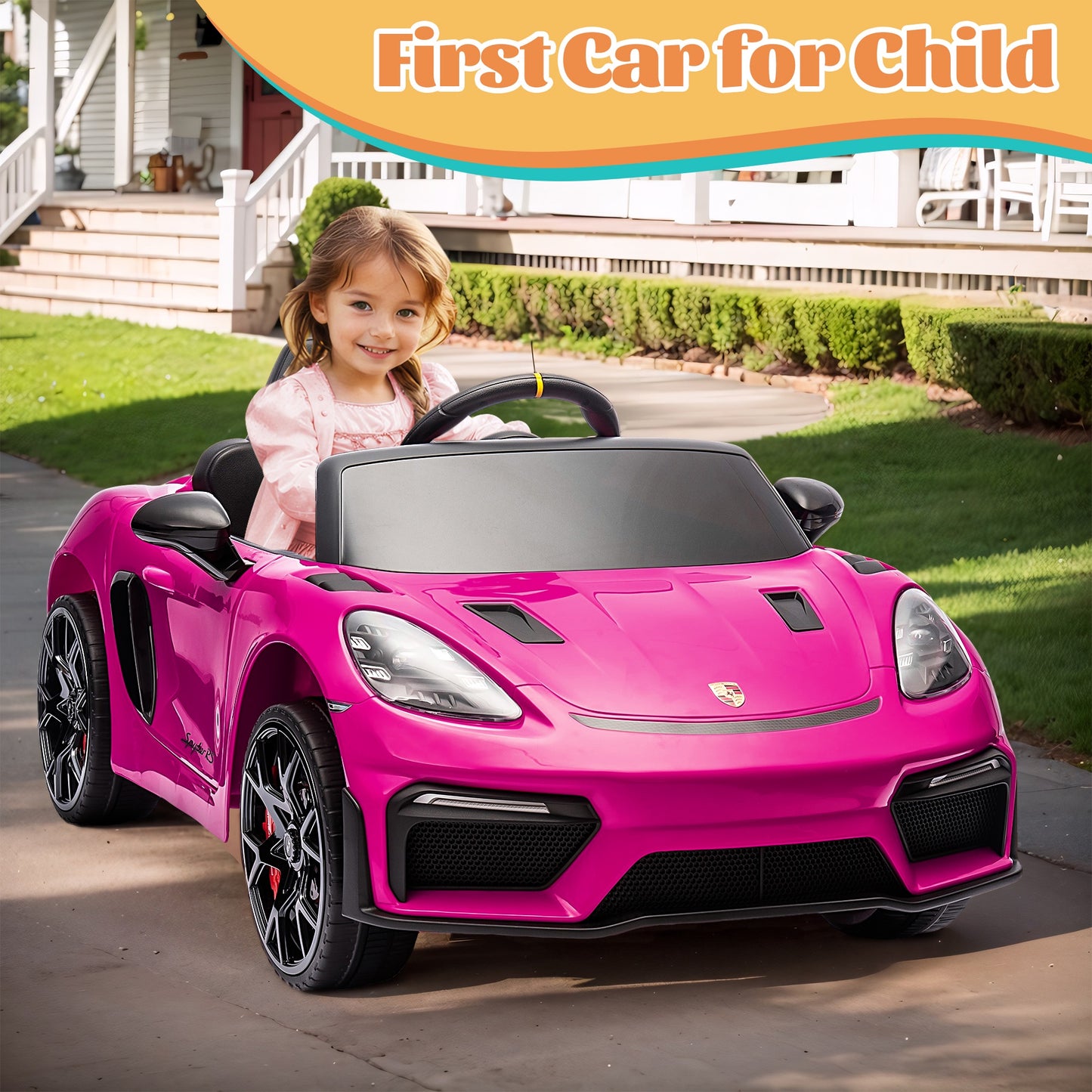 12V Kids Powered Ride on Car Toy, Electric Vehicle with Remote Control, Licensed Porsche 718 Spyder Sport Car for Grils Boys Ages 3-6, Bluetooth, 4 Wheel Suspension