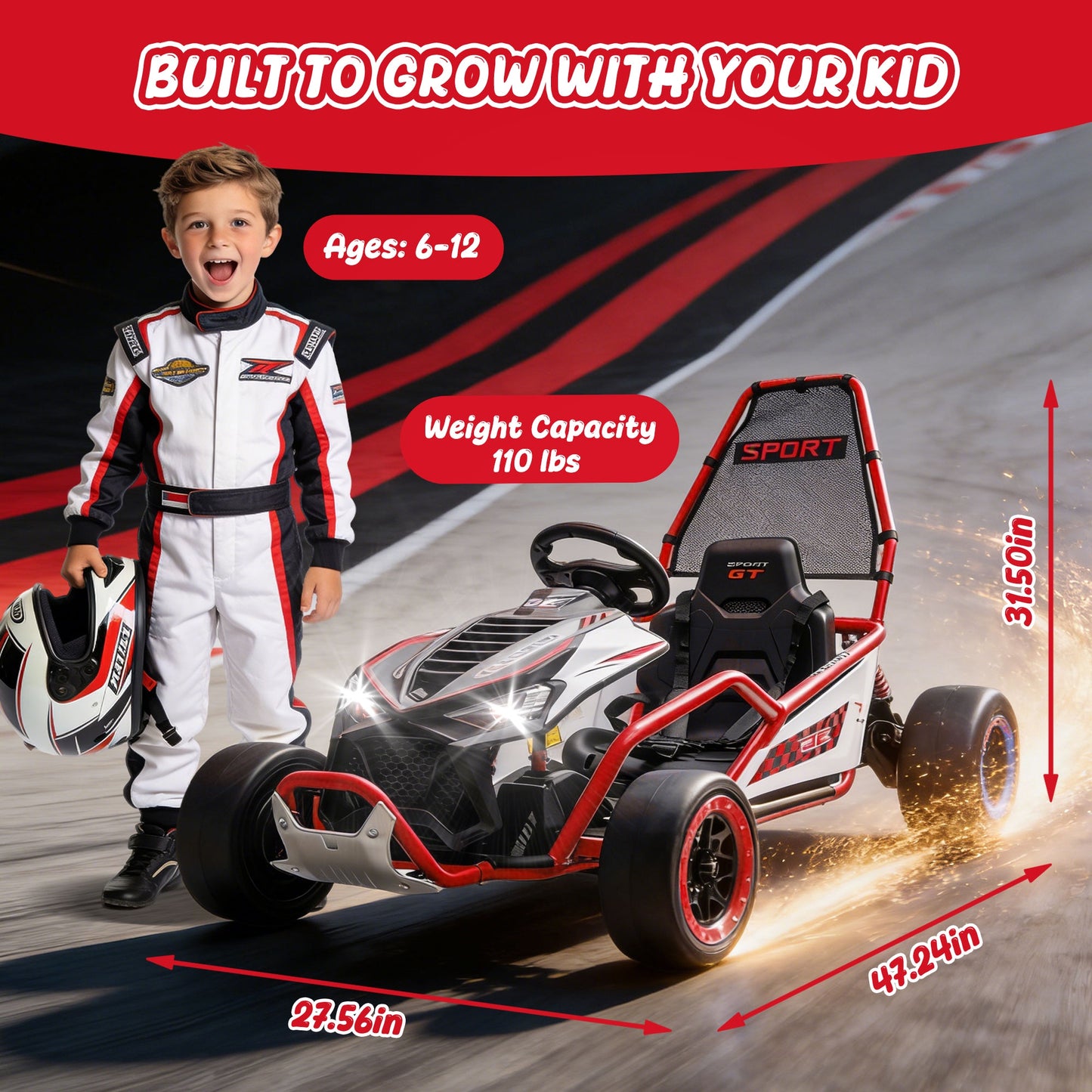 24V Powered Ride on Toys, iRerts Electric Go Kart with Drift Mode, Bluetooth Music, EVA Front Tires, Rear Wheel Suspension, Max Speed 7.5 MPH, Crazy Go Cart Electric Car for Kids 6-12 Ages, Red