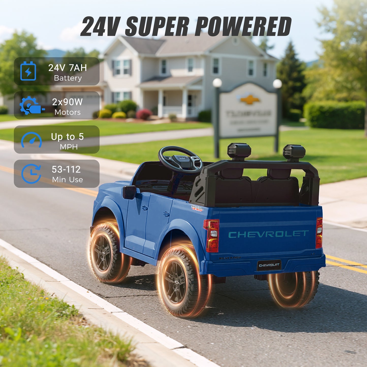 24V Powered Ride on Toys Car, Licensed Chevrolet Silverado 2 Seater Ride on Cars with Remote Control, Spring Suspension, LED Lights, Bluetooth Music, Toddler Electric Car for Kids Ages 3+, Blue