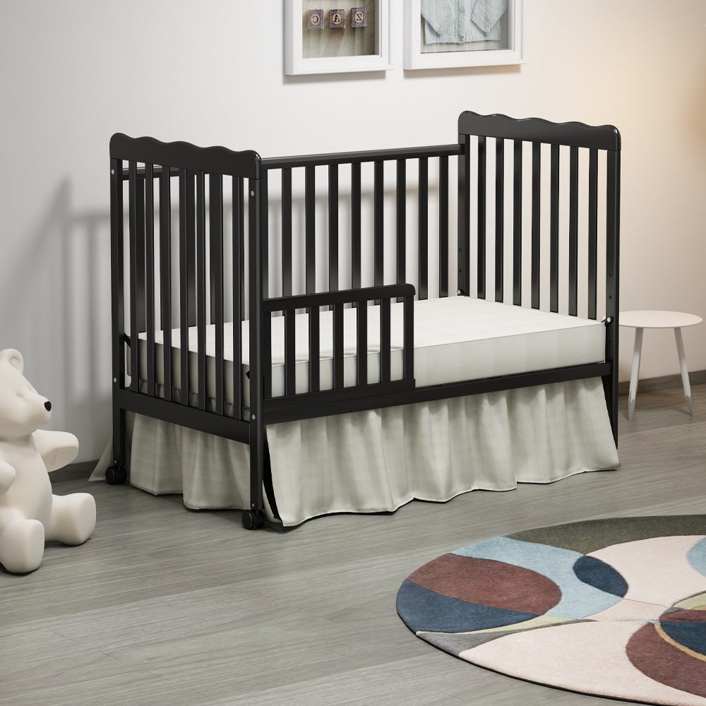 iRerts 3 In 1 Convertible Baby Crib, Wood Converts from Baby Crib to Toddler Bed and Daybed, Baby Bed with Locking Wheels, 4 Adjustable Mattress Heights, Non-Toxic Finish, Black