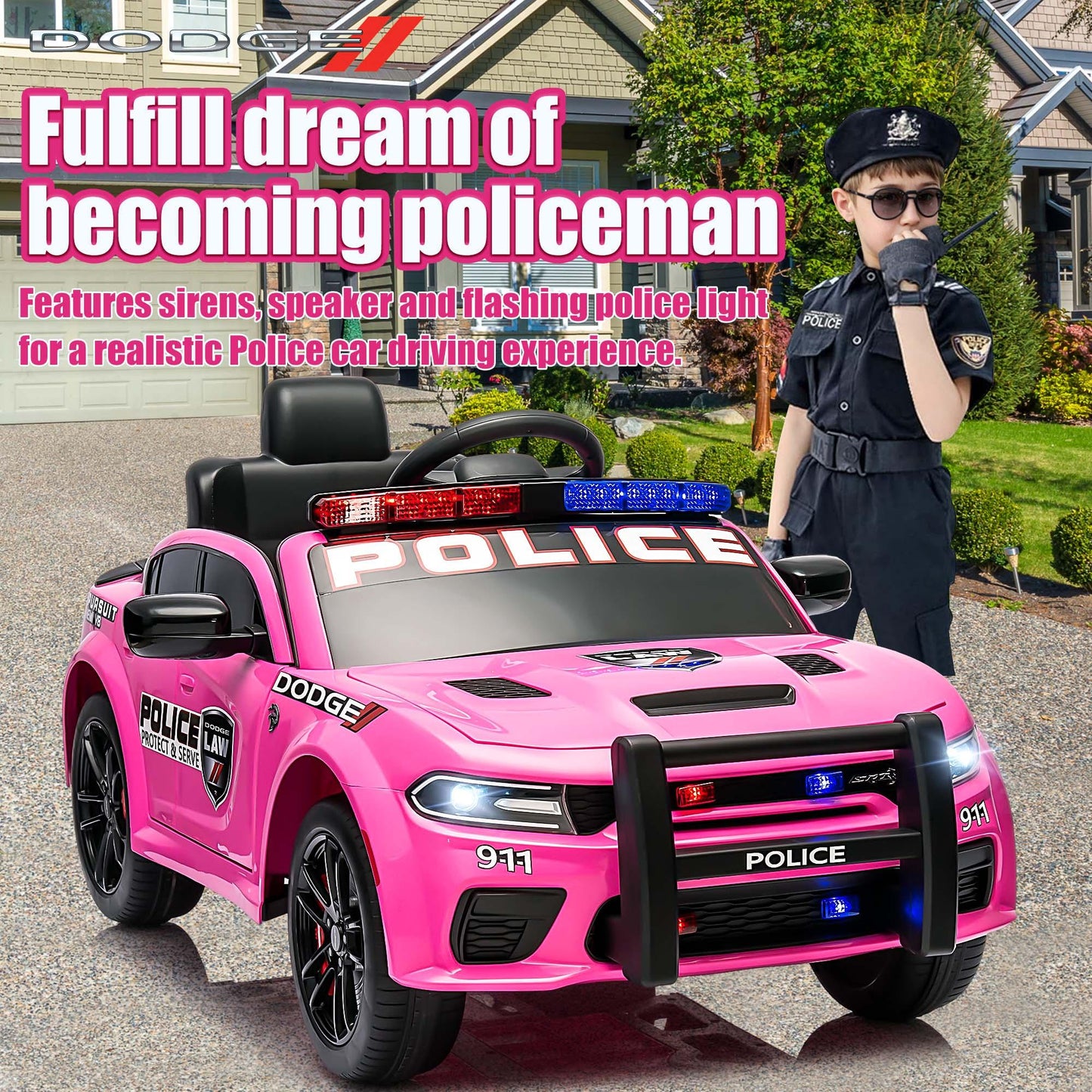 Dodge Charger 12V Ride on Police Cars, Battery Powered Ride on Toy Car with Remote Control for Boys Girls Gifts, Electric Car for Kids with Bluetooth, Music Player, LED Lights, 3 Speeds, Pink