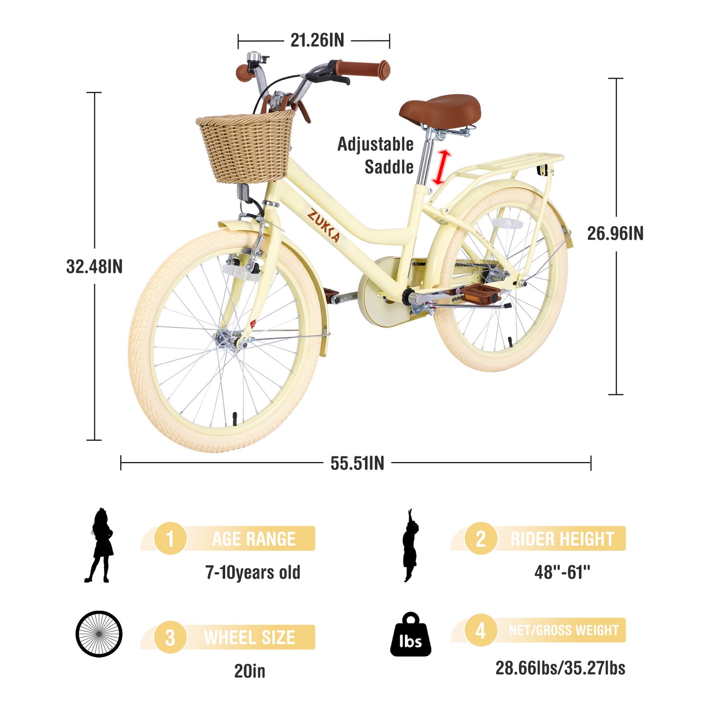 iRerts Girls Bike for 7-10 Years Old Kids, 20 Inch Bike with Basket, Brown Leather Saddle, Coaster Brakes, Retro Style Girls Bicycle Kids Cycle Bikes, Kids Bicycle for Gifts, Yellow