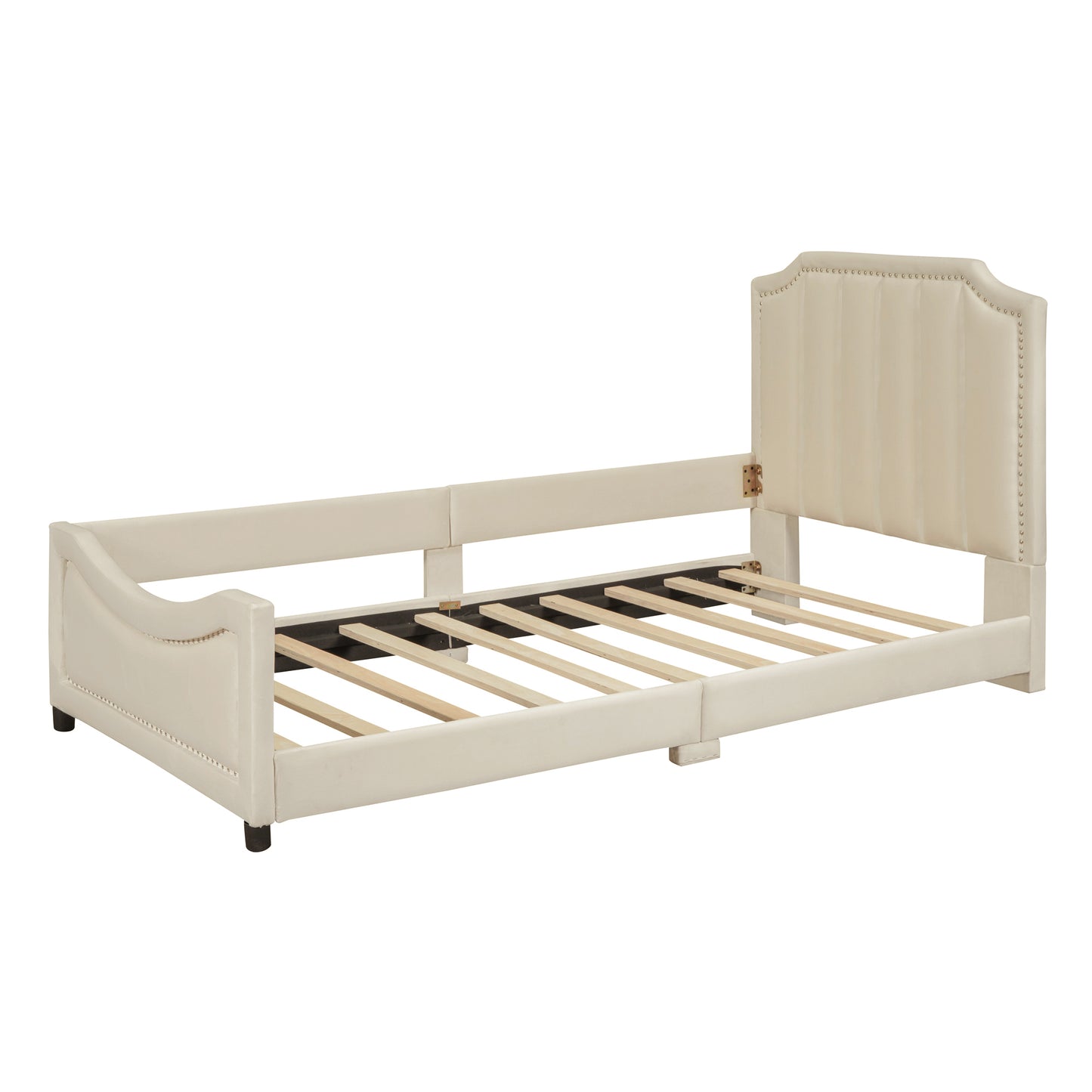 iRerts Upholstered Twin Platform Bed Frame, Velvet Twin Daybed Frame with Classic Stripe Shaped Headboard and Footboard, Wood Twin Size Sofa Bed for Kids Girls Boys, No Box Spring Needed, Beige
