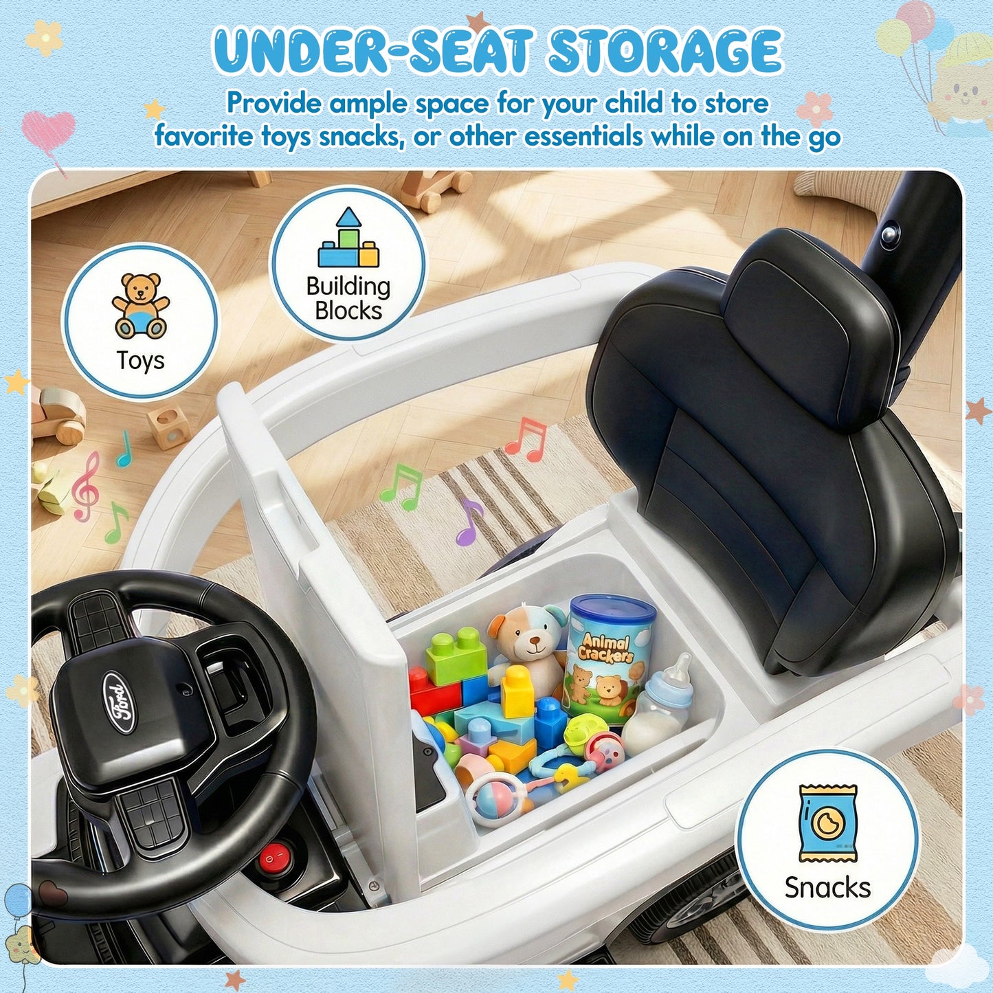 Push Car for Toddlers 1-3, Licensed Ford F-150 3-in-1 Kids Ride on Toy with Parent Push Handle, Foot to Floor Sliding Car with Horn & Lights, Under Seat Storage, White