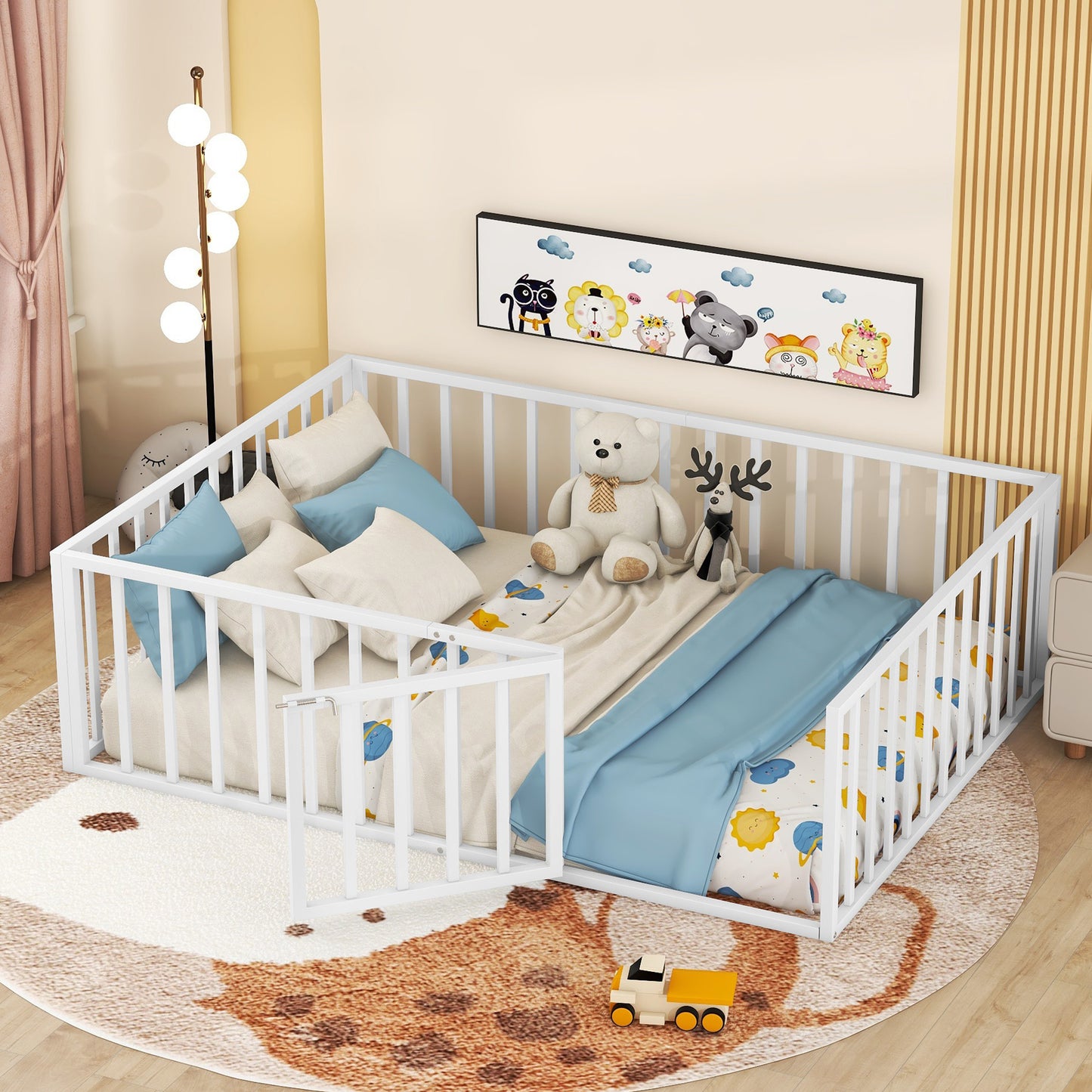 iRerts Full Floor Bed Frame, Metal Full Size Montessori Floor Bed Frame with Fence and Door, Kids Toddler Floor Bed Frame Full Size for Girls Boys, Twin Bed Frame without Bed Slats, White
