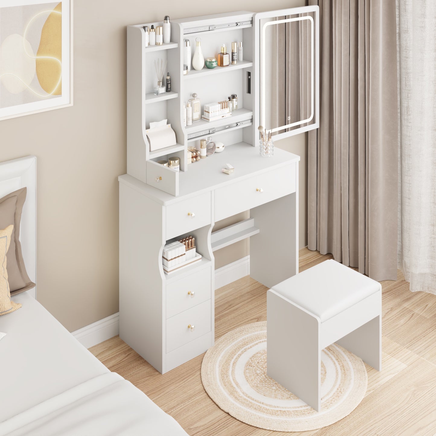 iRerts Vanity Desk with Chair, Makeup Vanity Set with LED Mirror, 3 Lighting Modes Brightness Adjustable, Shelf and Drawers, Makeup Vanity Desk Dressing Table Set for Bedroom Small Space, White