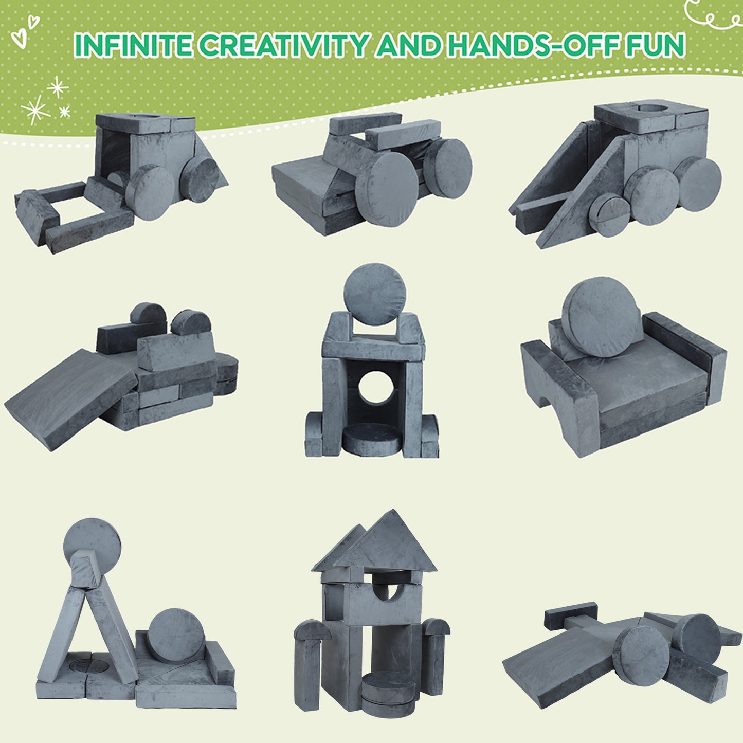 iRerts 14Pcs Modular Kids Play Couch, Convertible Nugget Couch for Kids Boys Girls, Kids Sofa Couch Floor Sofa for Children, Kids Couch Building Fort Foam Couch for Playroom Bedroom Nursery, Gray