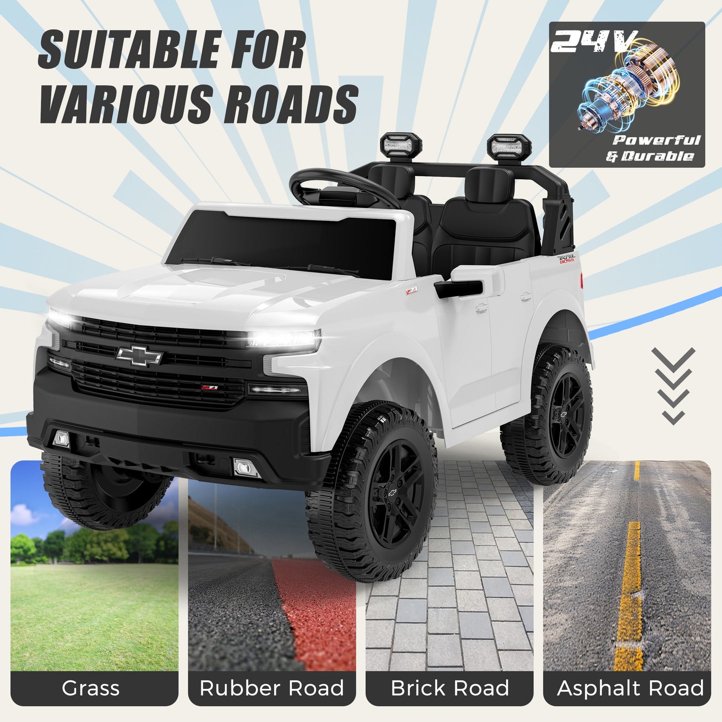 24V Powered Ride on Toys Car, Licensed Chevrolet Silverado 2 Seater Ride on Cars with Remote Control, Spring Suspension, LED Lights, Bluetooth Music, Toddler Electric Car for Kids Ages 3+, White
